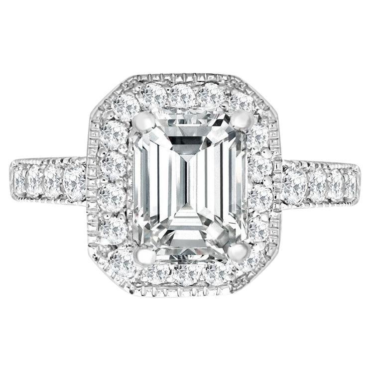 Tresor Paris Bespoke Halo Mount Emerald Shape Round Diamond Engagement Ring