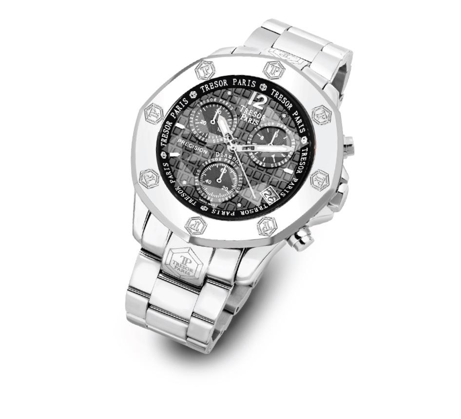 Tresor Pariser Uhr Schweizer Uhr Schweizer Uhrwerk Chronograph Datum Diamant Nouveau Sechseck (Rundschliff) im Angebot