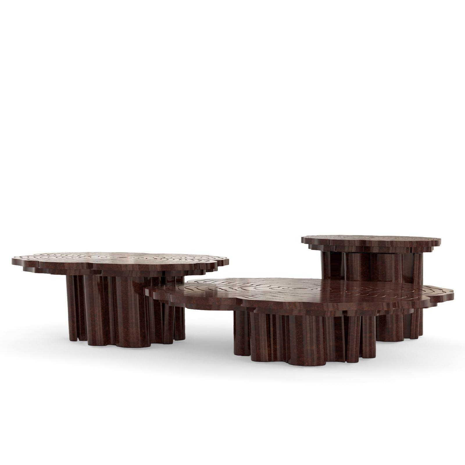 Table basse Tresor Noyer ensemble de 3 avec toute la structure de la table basse. 
chaque table est en bois avec placage de noyer verni.
Mesures : Bigli/ Diamètre 130 x H 30cm.
Moyen/ Diamètre 100 x H 50 cm.
Petit/ Diamètre 70 x H 50 cm.