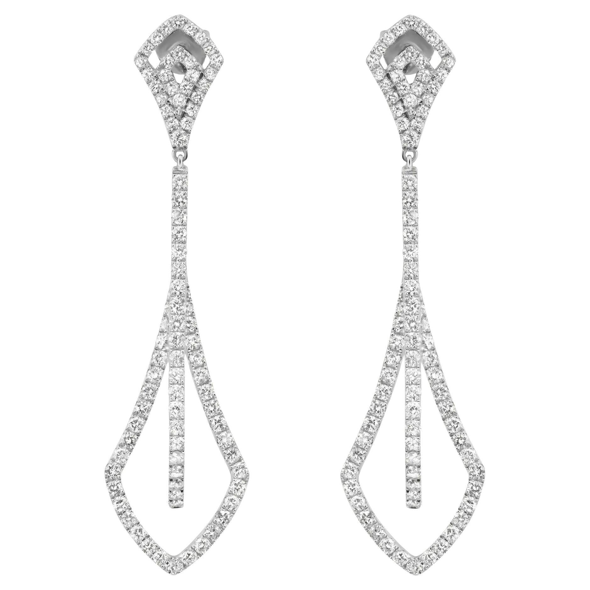 Tresorra Round Cut Diamond Long Drop Earrings 18K White Gold 3.60Cttw