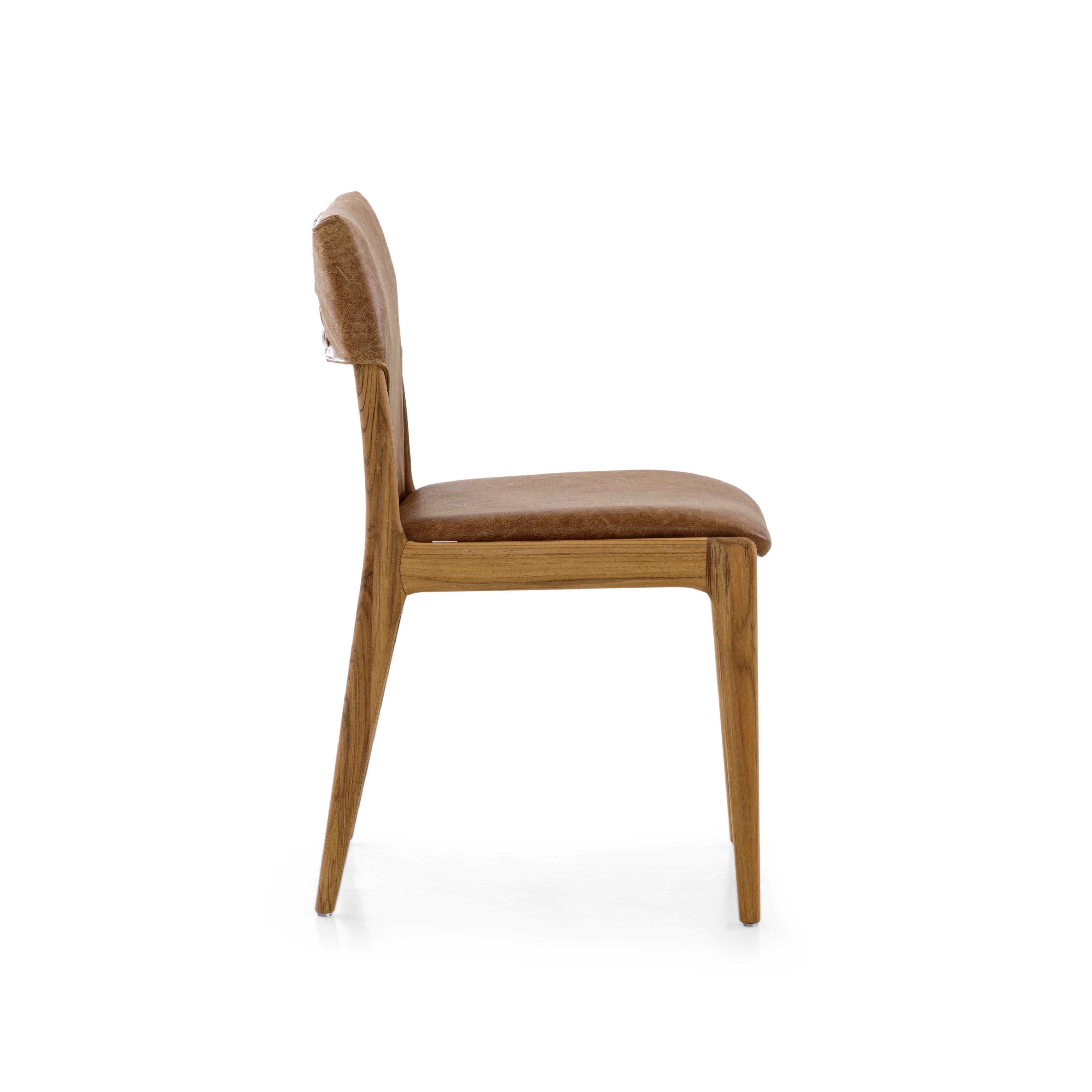 Modern Pair of Teak Dining Chairs in Distressed Leather, Customizable Tress Line For Sale
