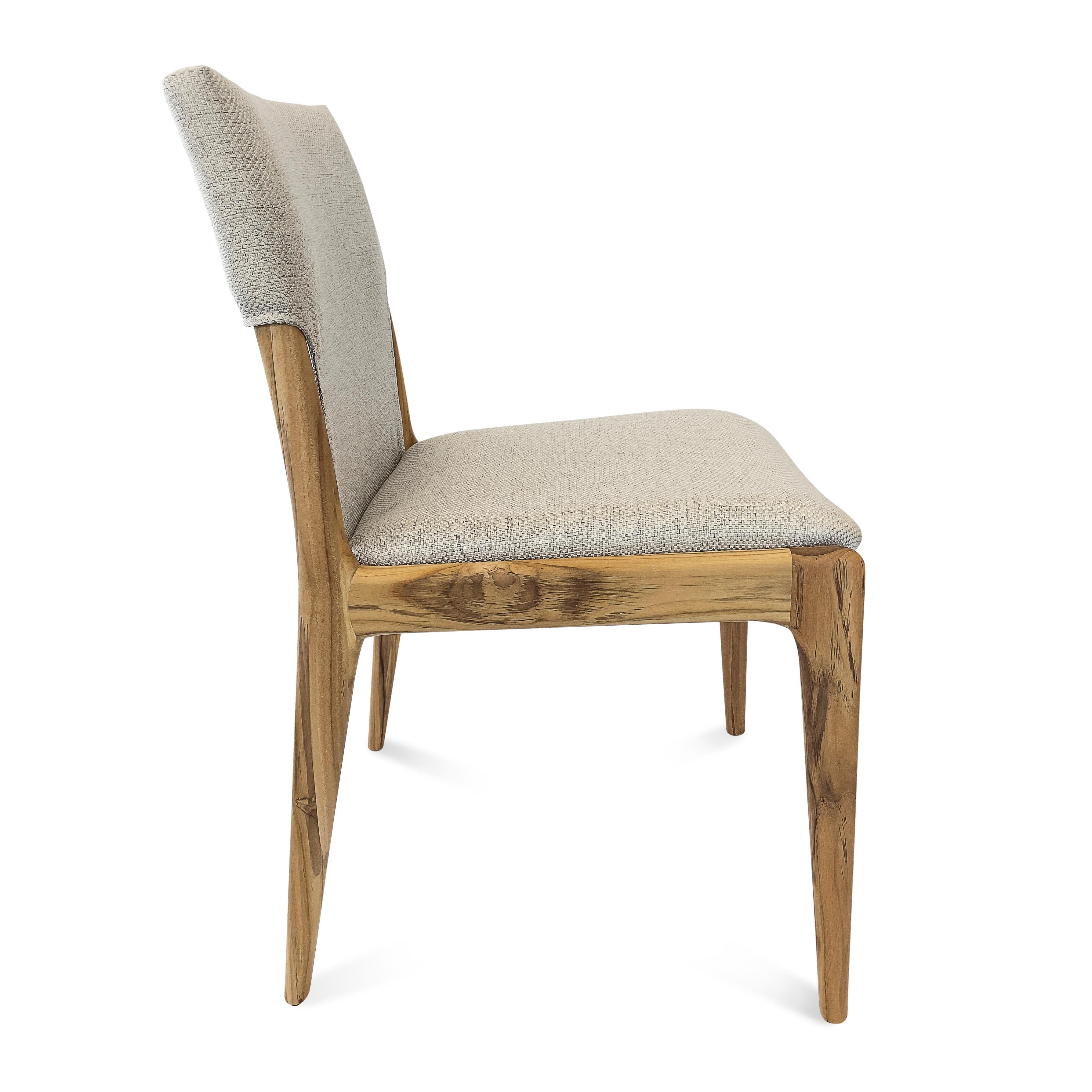 Brazilian Tress in Light Beige Fabric Upholstered Dining Chair in Teak Wood, set of 2 For Sale