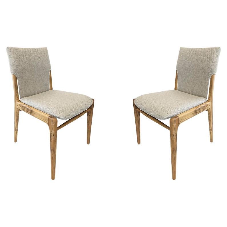 Chaise de salle à manger Tress tapissée de tissu beige clair en bois de teck, lot de 2 en vente