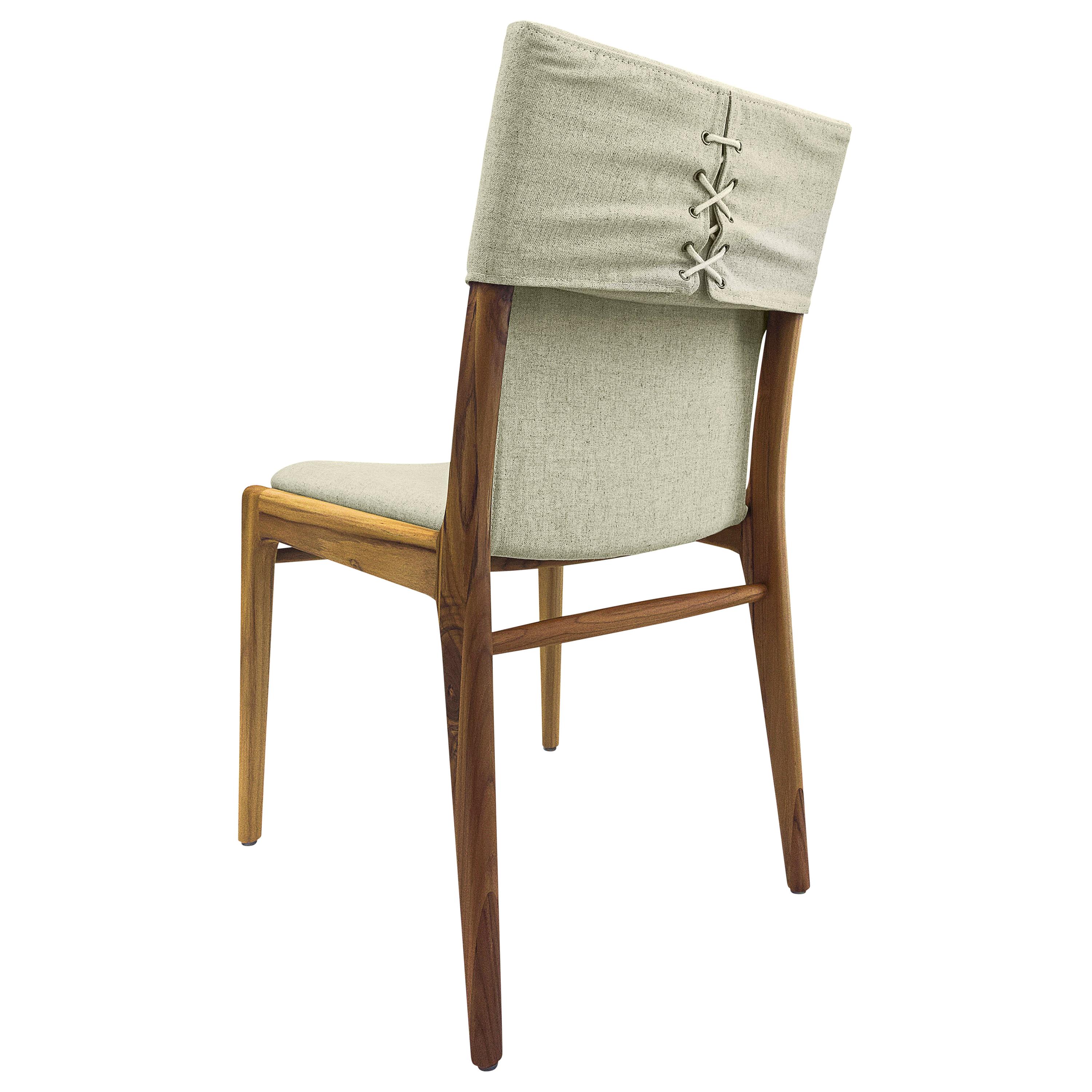 Brazilian Tress Dining Chair in Linen Fabric Upholstered and Teak Wood Finish,  Set of 2 For Sale