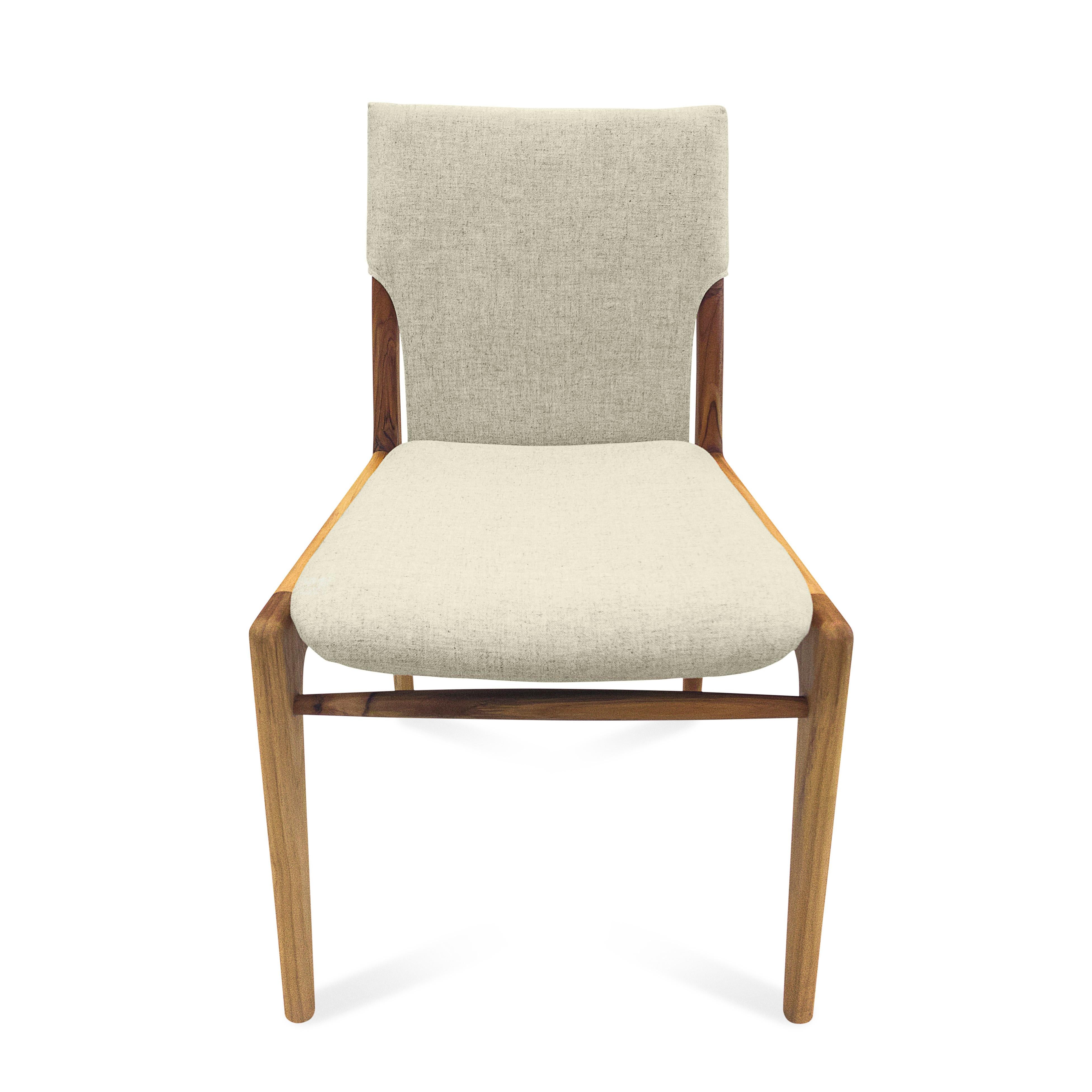 Tress Dining Chair in Linen Fabric Upholstered and Teak Wood Finish,  Set of 2 In New Condition For Sale In Miami, FL