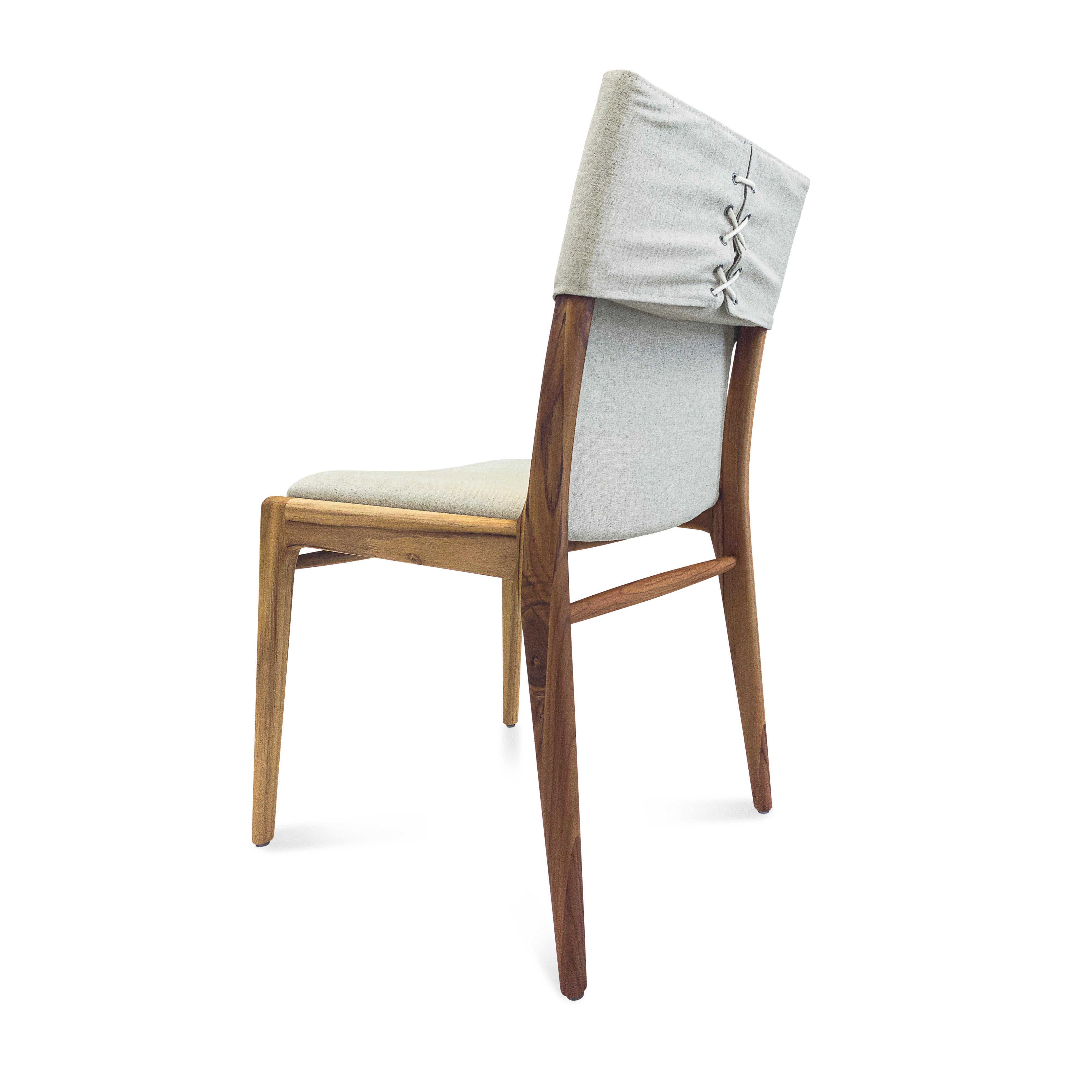 Tress Dining Chair in Linen Fabric Upholstered and Teak Wood Finish,  Set of 2 For Sale 2
