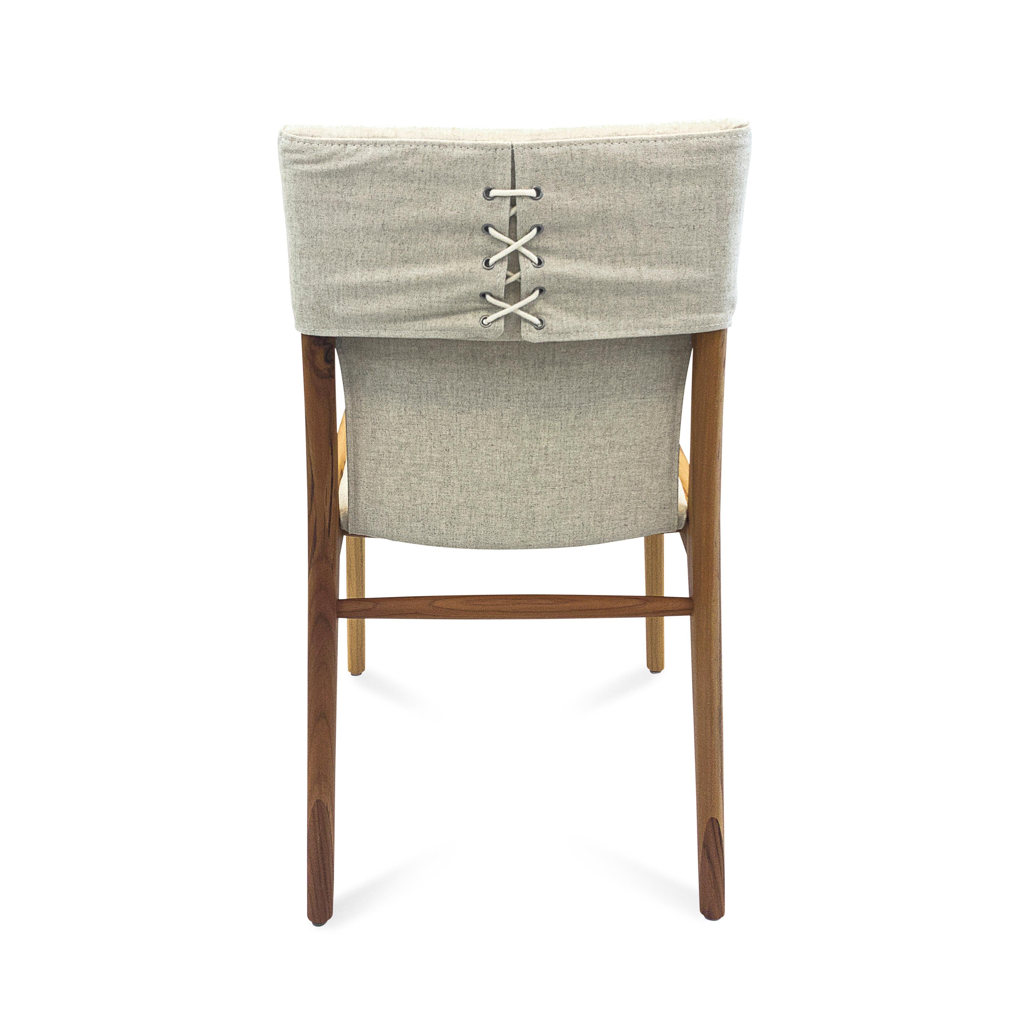 Tress Dining Chair in Linen Fabric Upholstered and Teak Wood Finish,  Set of 2 For Sale 3