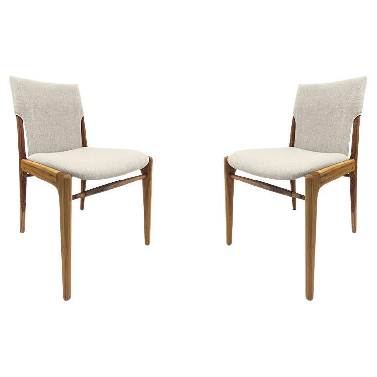 Tress Dining Chair in Linen Fabric Upholstered and Teak Wood Finish,  Set of 2