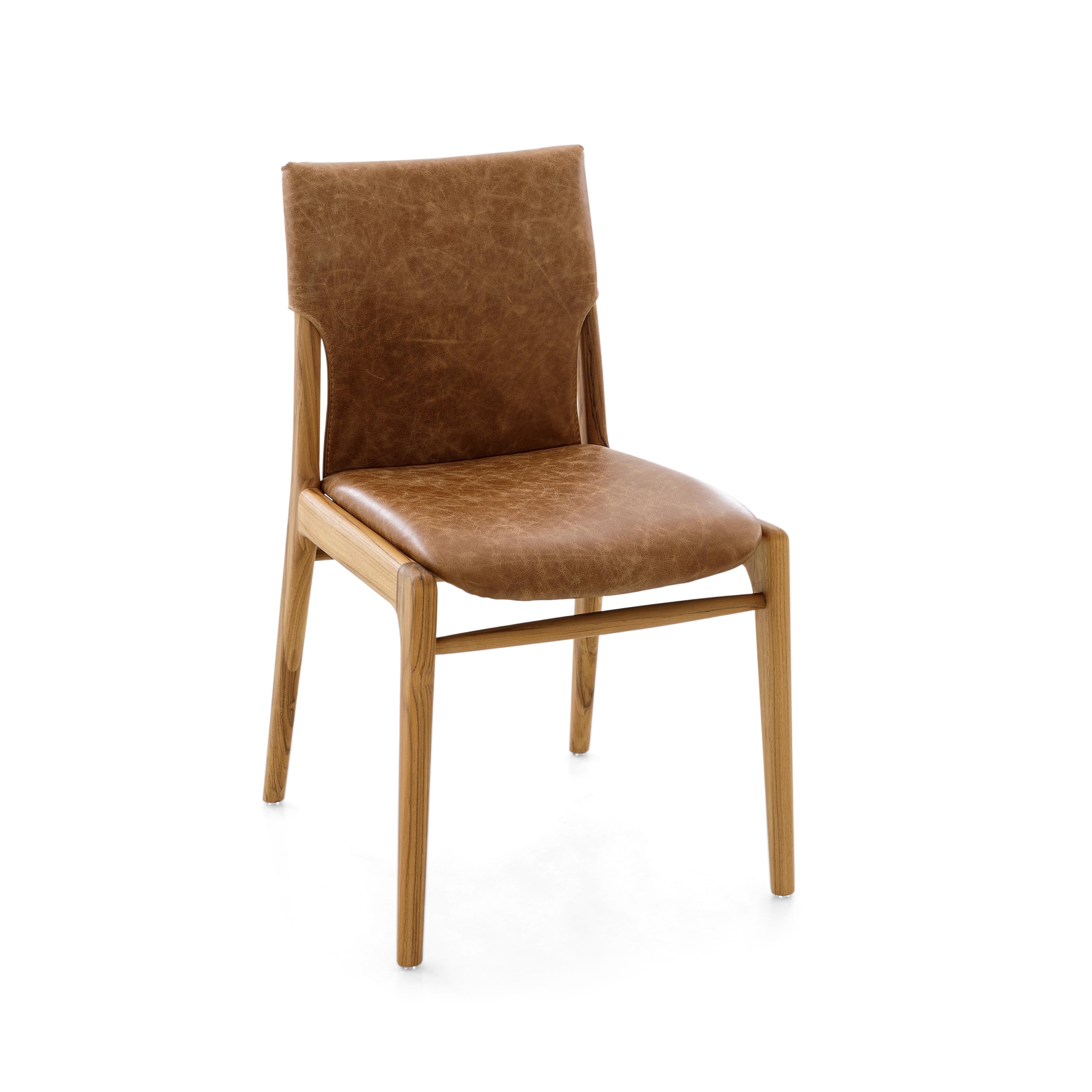Contemporary Tress Brown Leather Upholstered Dining Chair in Teak Wood Finish, Set of 2 For Sale