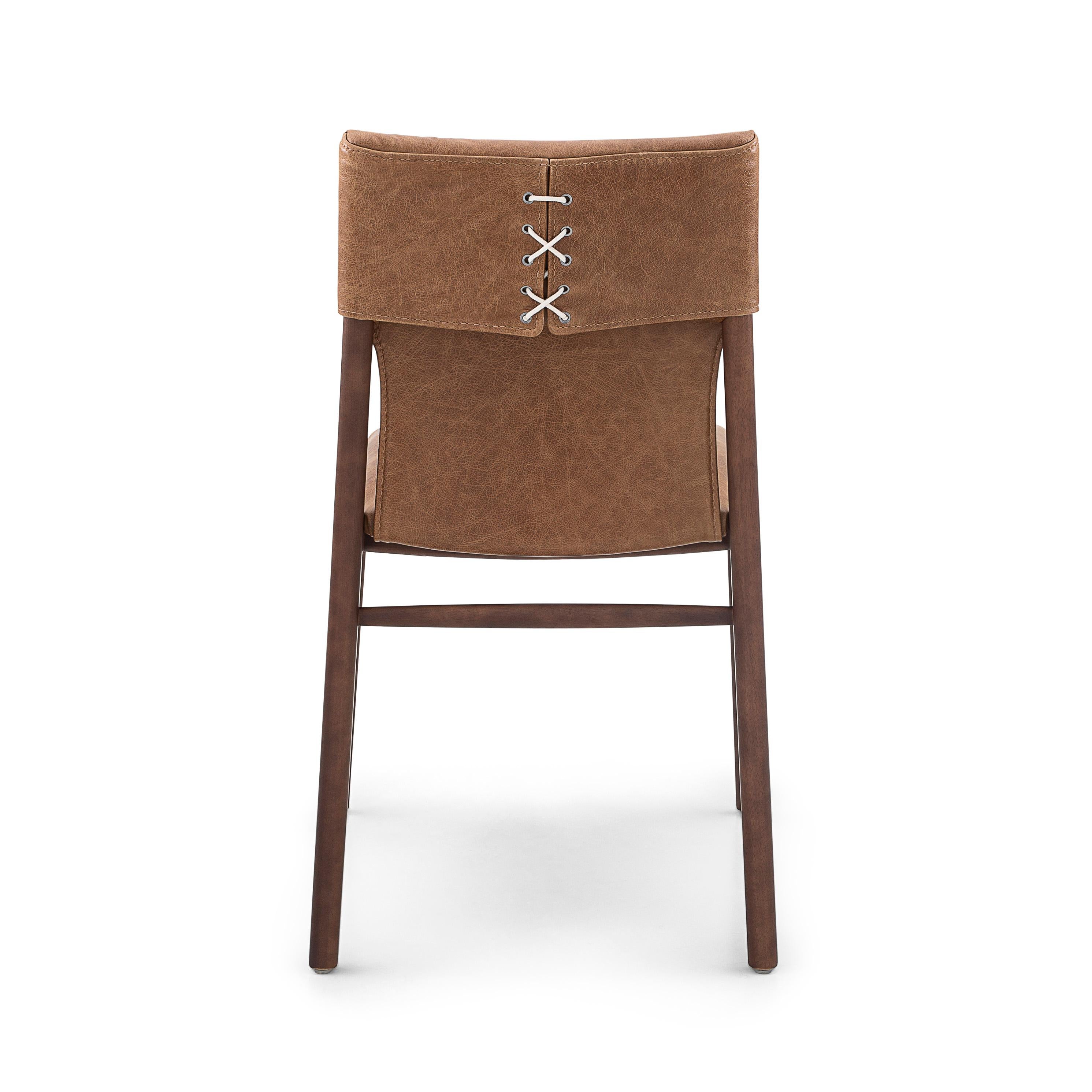Tress Brown Leather Upholstered Dining Chair in Walnut Wood Finish, Set of 2 In New Condition For Sale In Miami, FL
