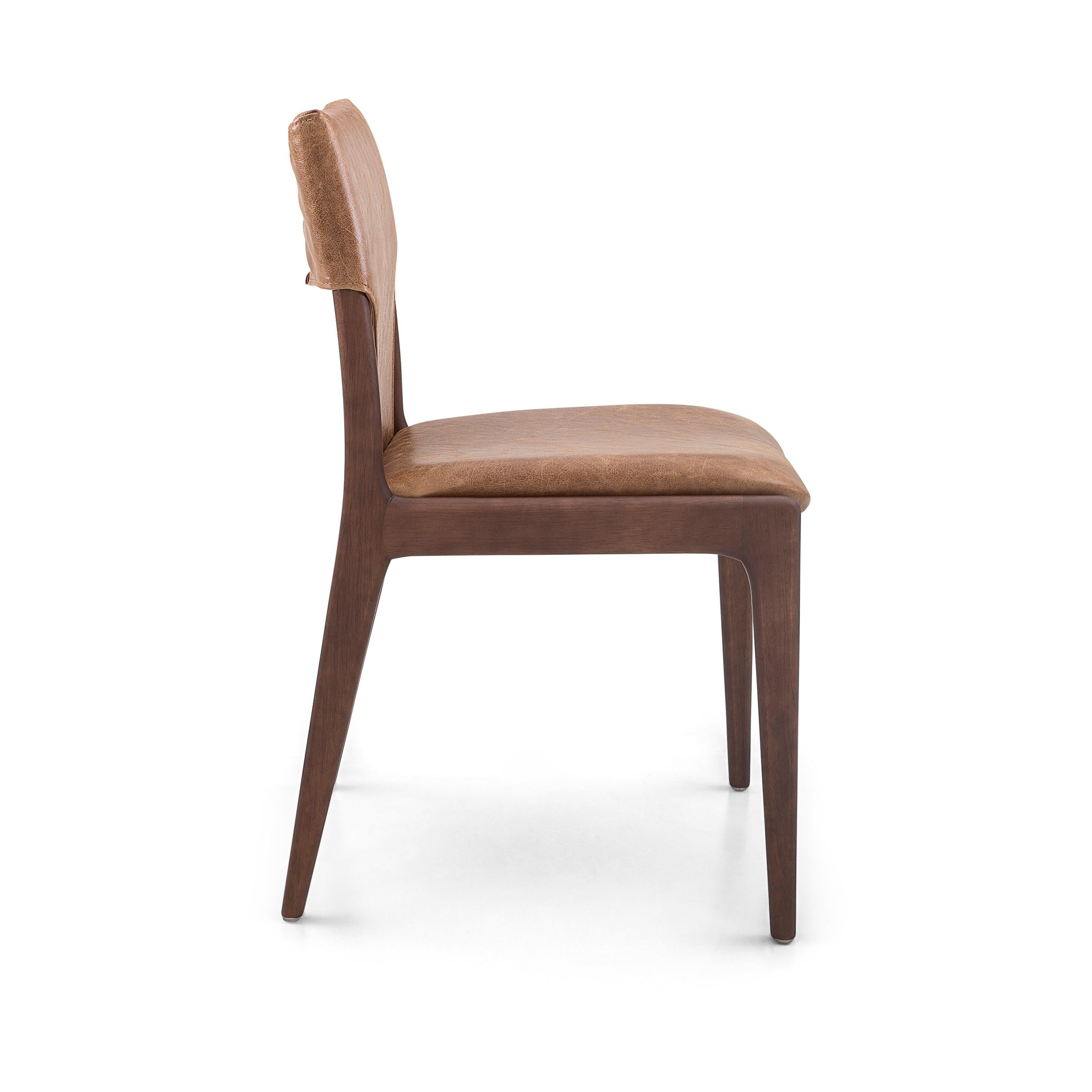 Contemporary Tress Brown Leather Upholstered Dining Chair in Walnut Wood Finish, Set of 2 For Sale