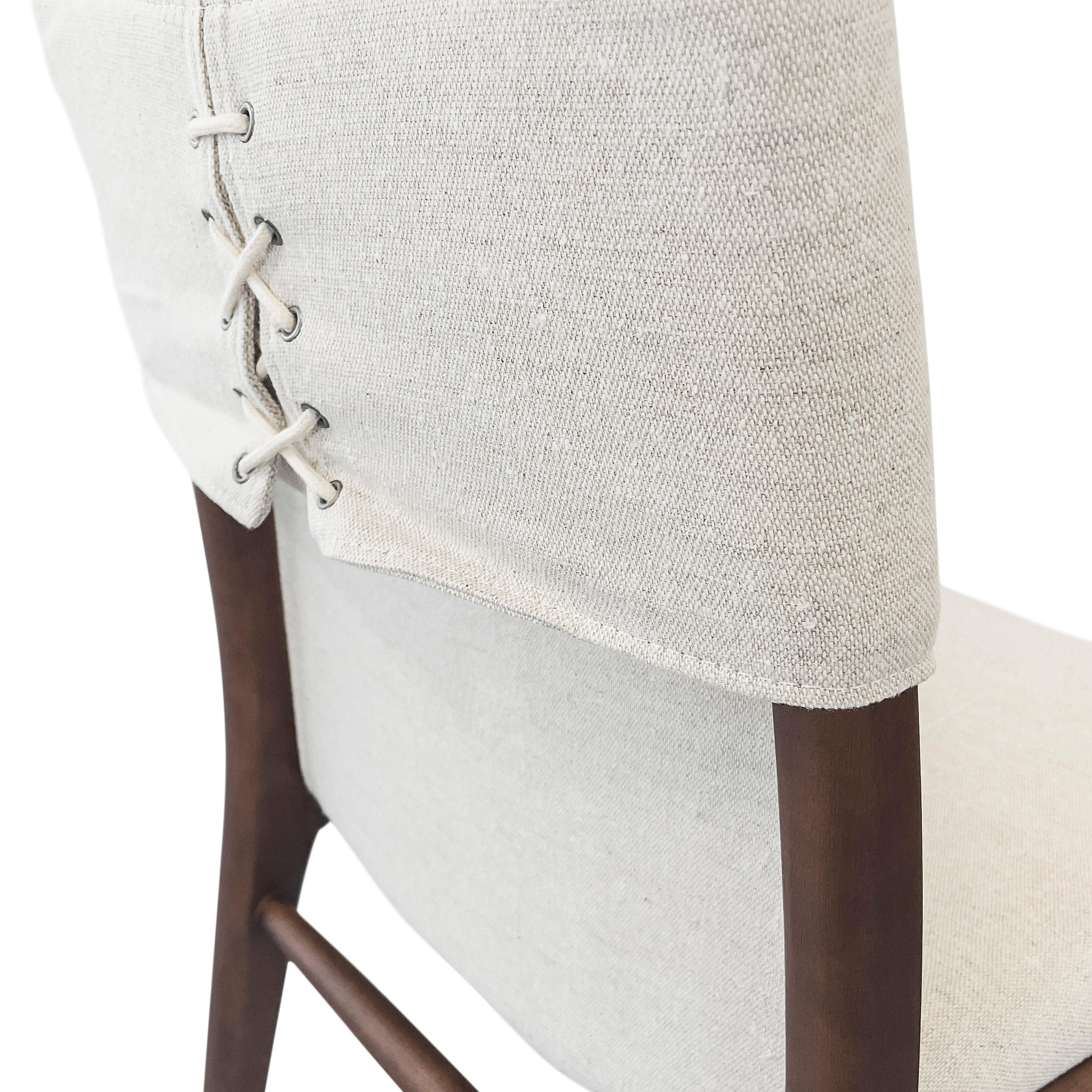 Brazilian Tress in Light Beige Fabric Upholstered Dining Chair in Walnut Wood, set of 2 For Sale