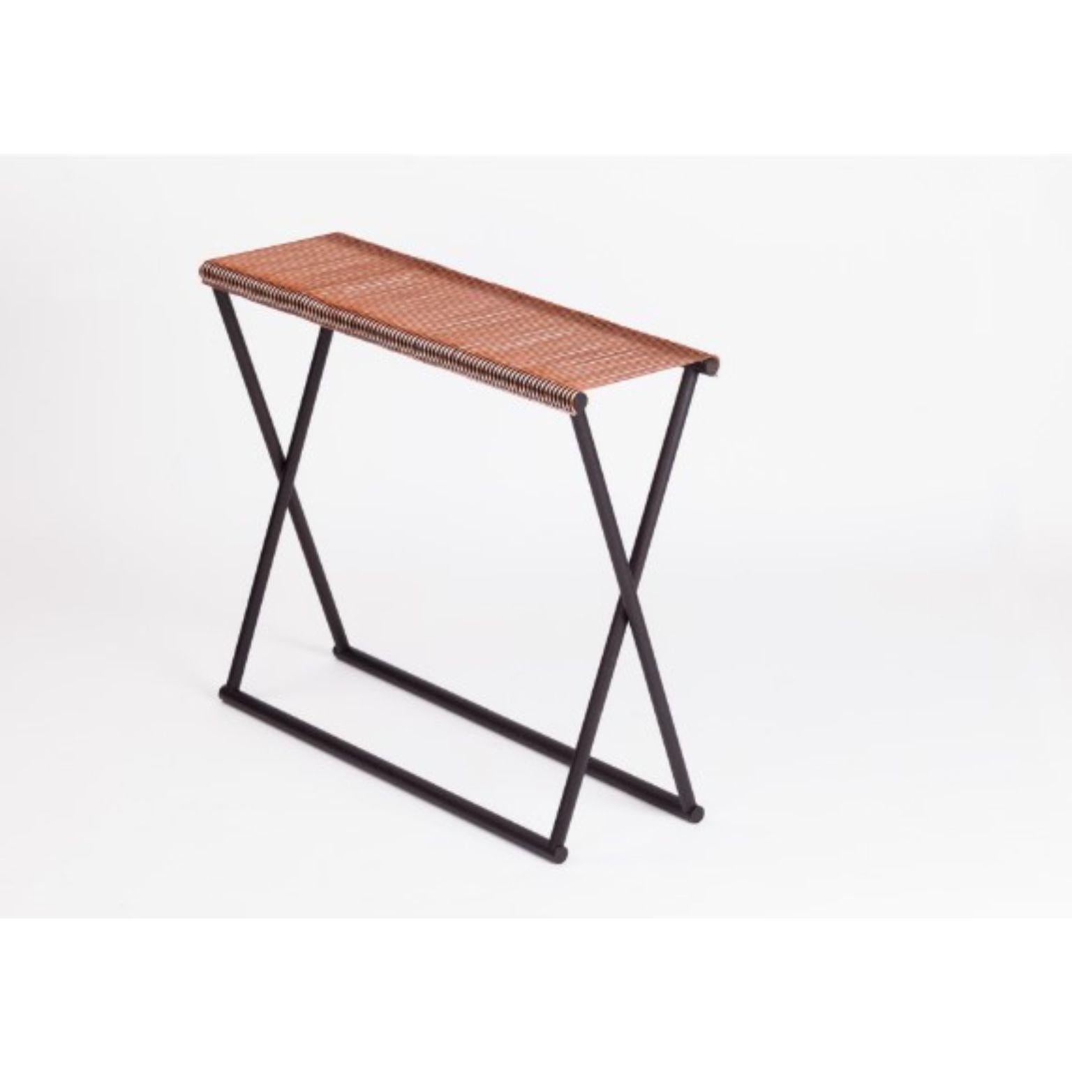 Trestle console by Mingardo
Dimensions: D96 x W32 x H80 cm 
Materials: natural or wengè oak wood structure. Satin natural brass/copper rods top.
Weight: 13 kg

Also available in different finishes.

The tables of Trestle collection are