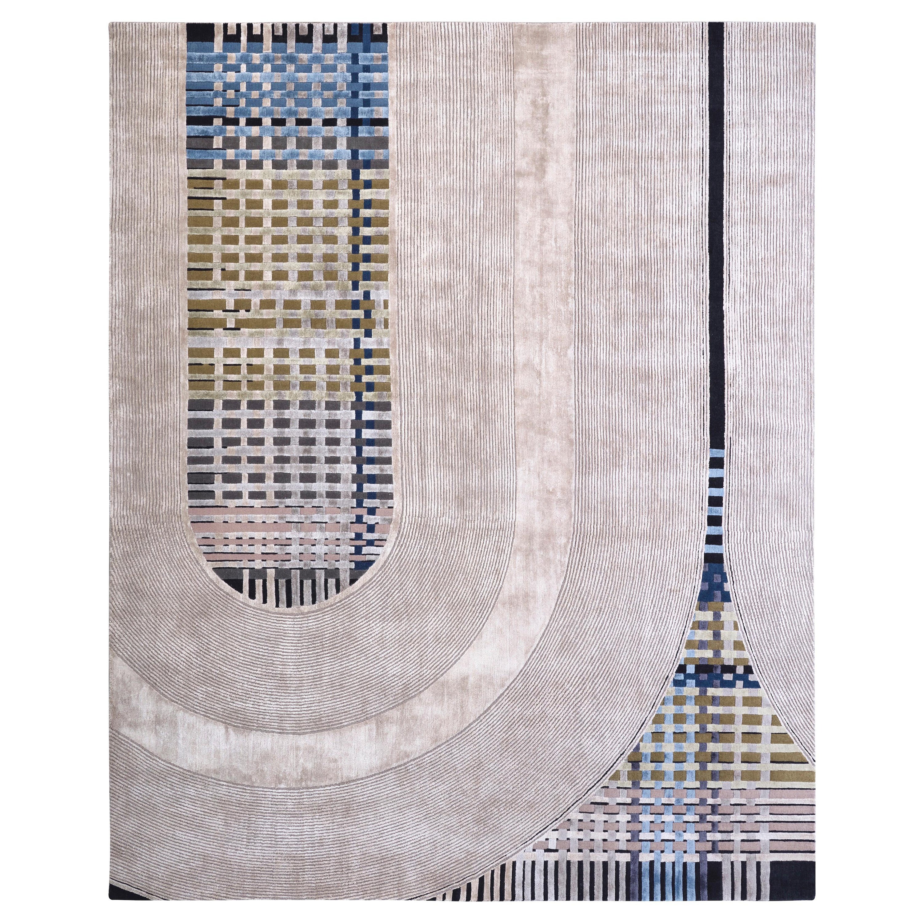 Tapis contemporain TRESTLE noué à la main de couleurs rouille et bleu par Hands