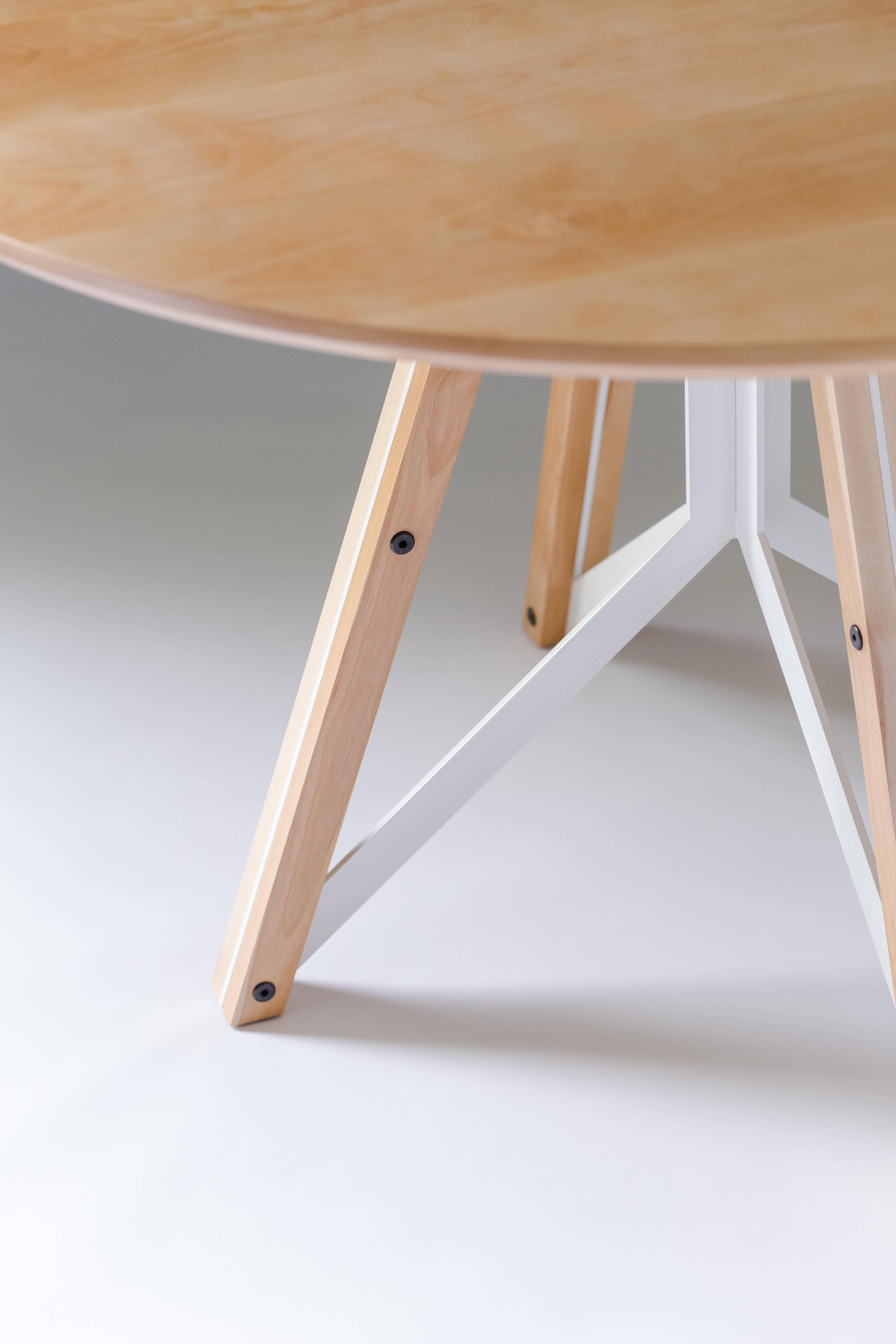 Contemporary Trestle, Modern Birch and Powder Coated Steel Round Dining Table