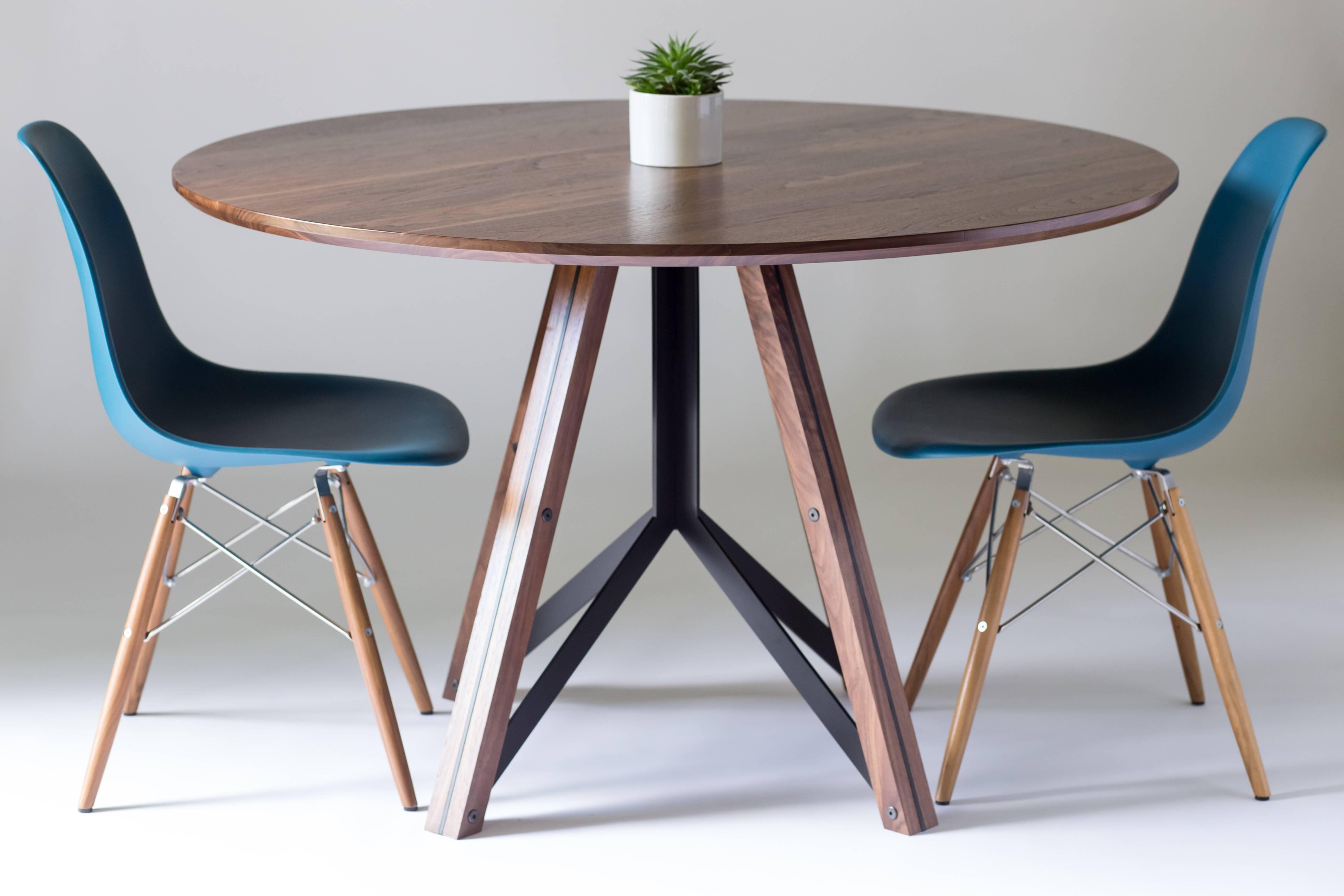 Trestle, Modern Walnut and Powder Coated Steel Round Dining Table In New Condition In West Linn, OR