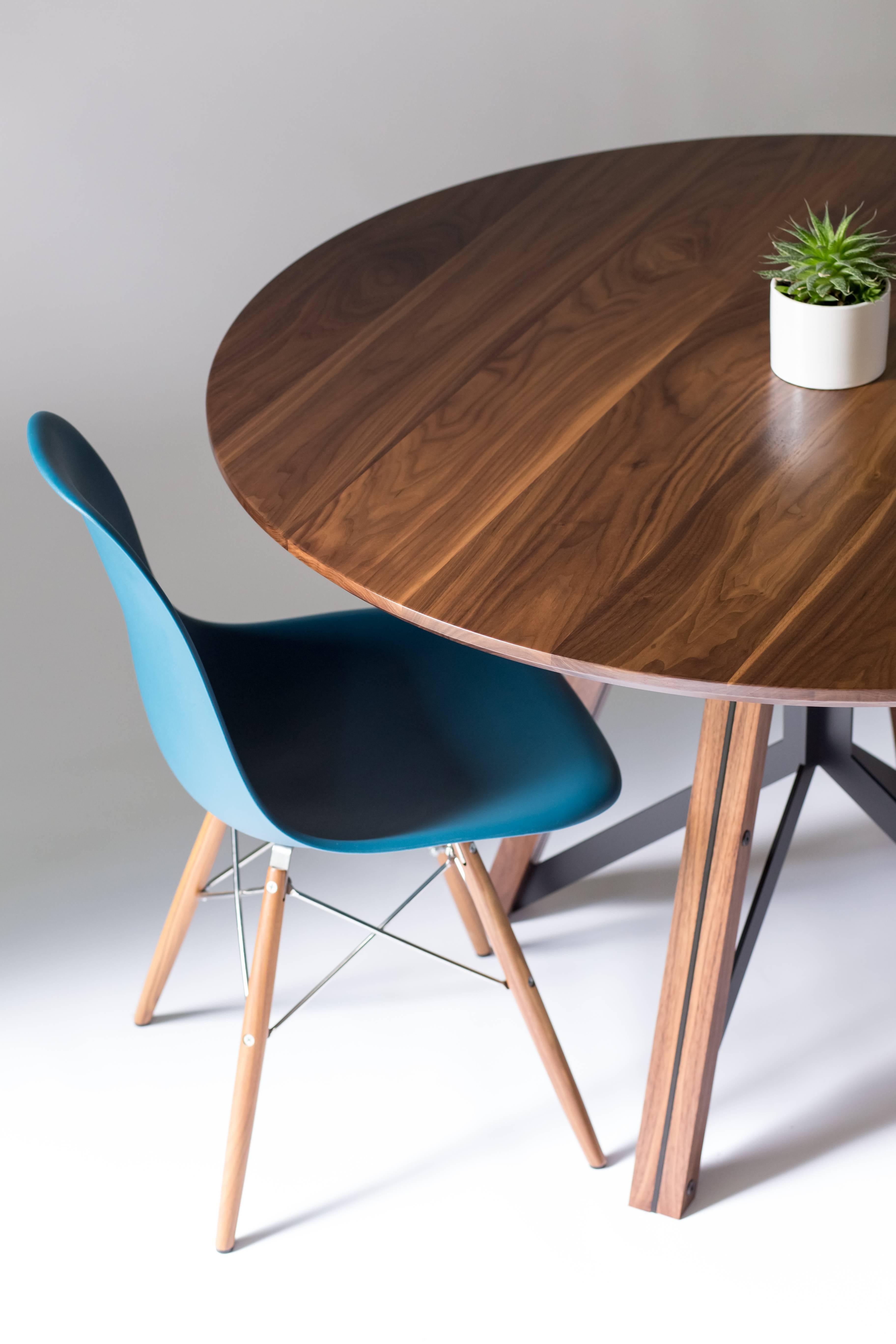 Contemporary Trestle, Modern Walnut and Powder Coated Steel Round Dining Table