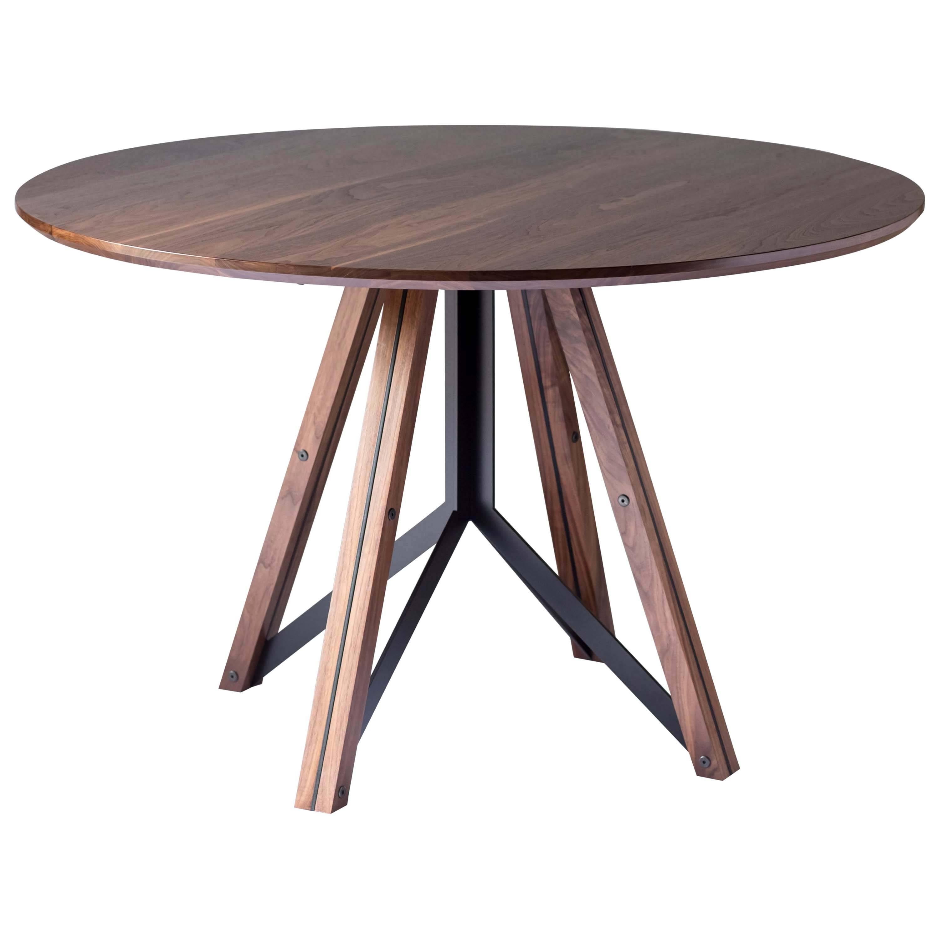 Trestle, Modern Walnut and Powder Coated Steel Round Dining Table