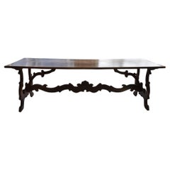 Antique Trestle Table, Large Spanish with Wooden Stretcher, 19th Century