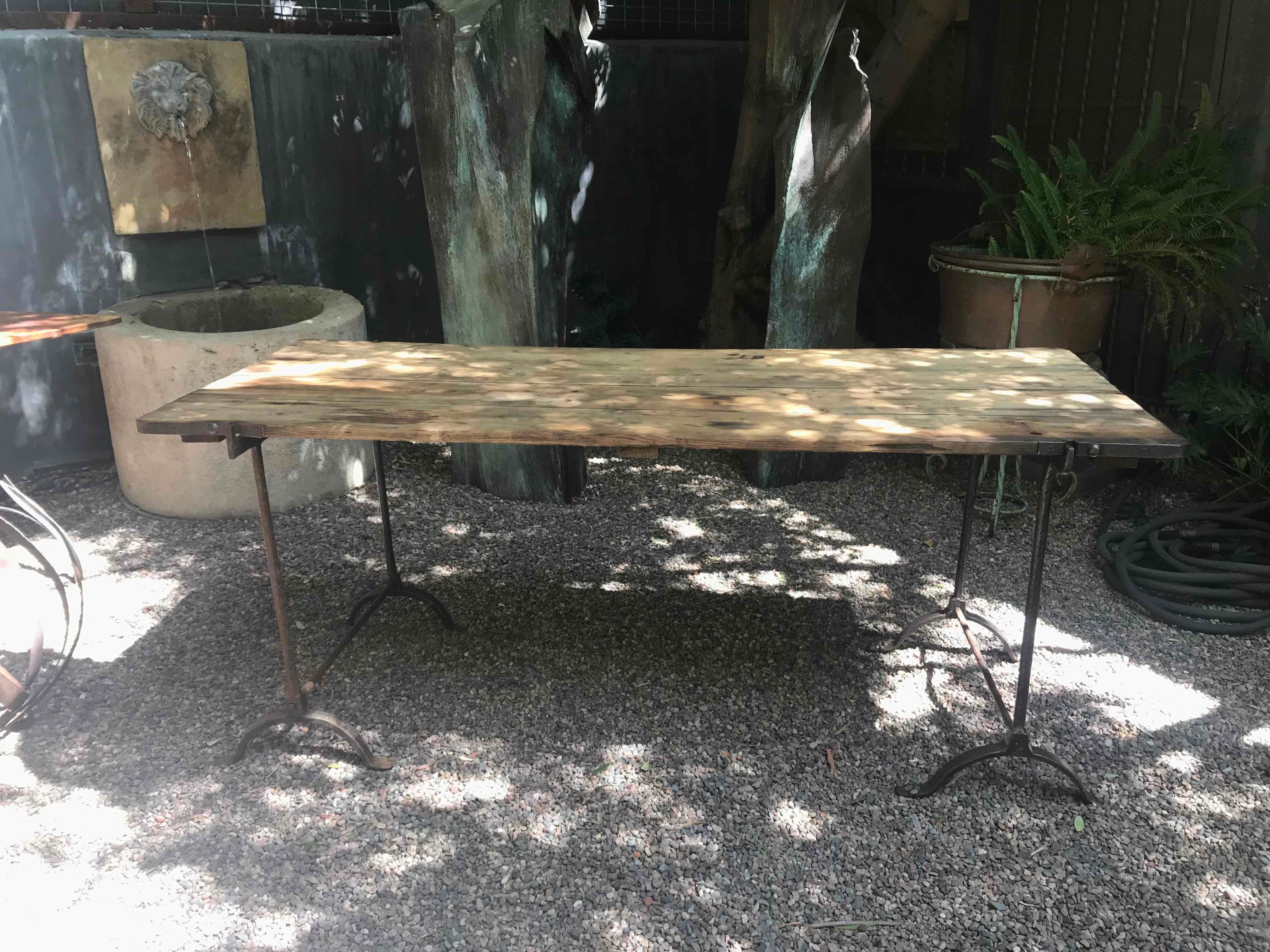 19th Century Trestle Table with Iron Legs and Oakwood Top from England Circa 1850