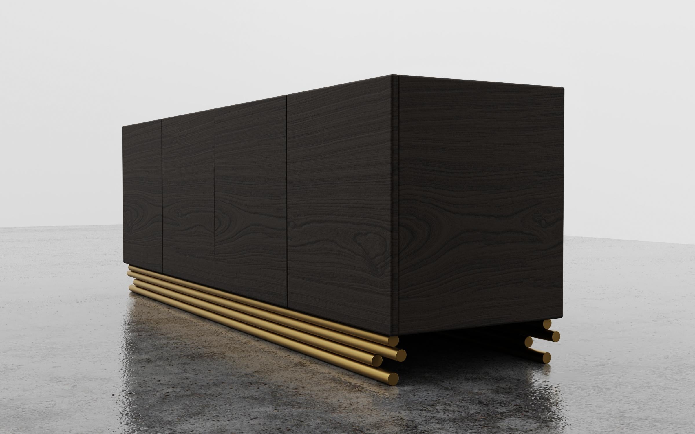American TRESTLES CREDENZA - Modern Ebony Walnut Cabinet with Metallic Lacquer Metal Base For Sale