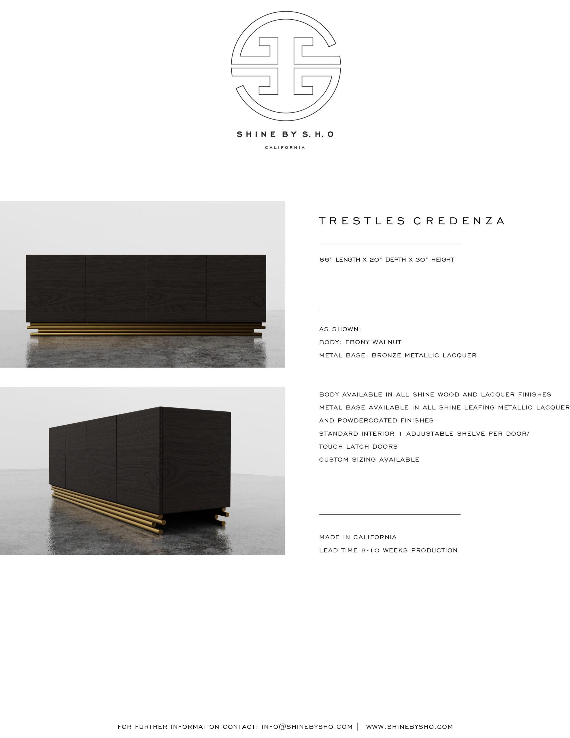 TRESTLES CREDENZA - Modern Ebony Walnut Cabinet with Metallic Lacquer Metal Base In New Condition For Sale In Laguna Niguel, CA