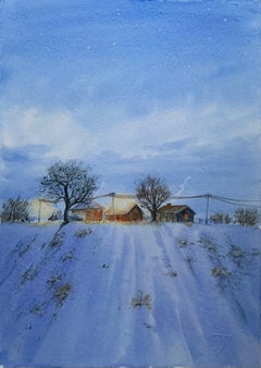 Winter Farmstead, Realist Landscape Painting, Watercolor on Paper, 2025
