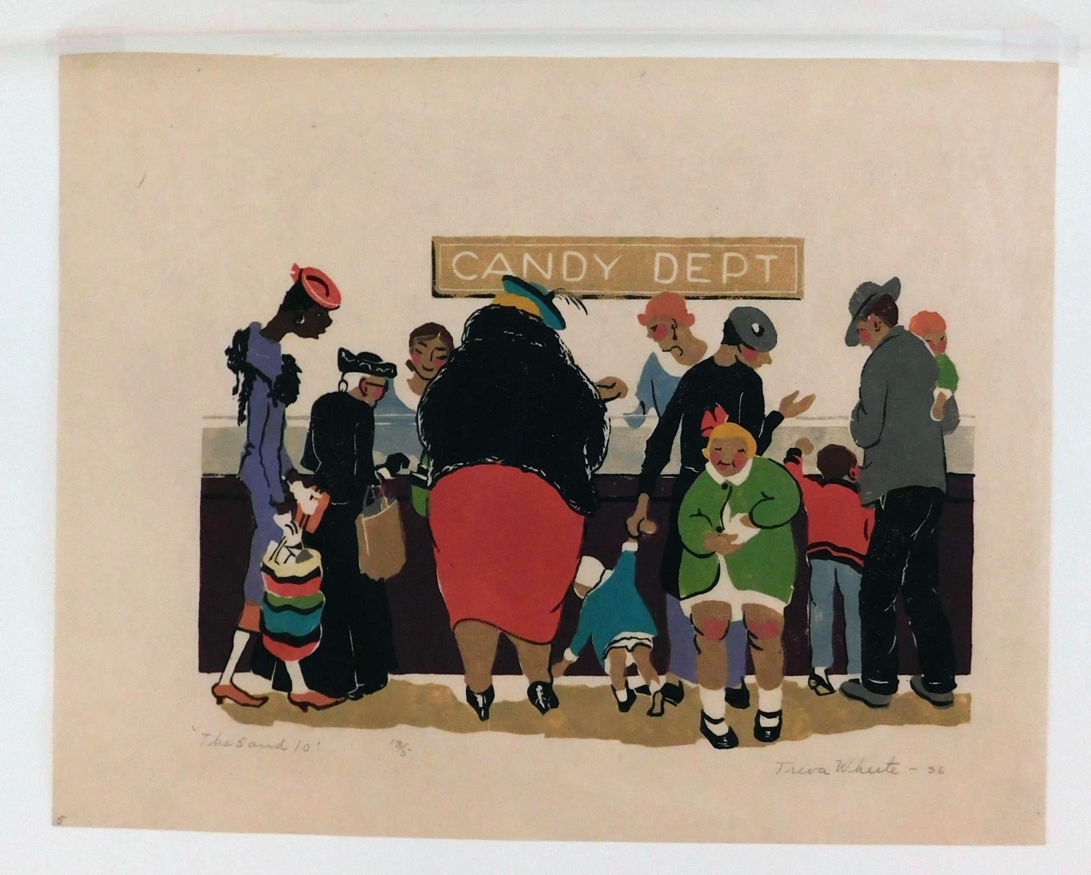 Treva Wheete Signierter Original Color Woodblock - „The 5 and 10“ im Angebot 2