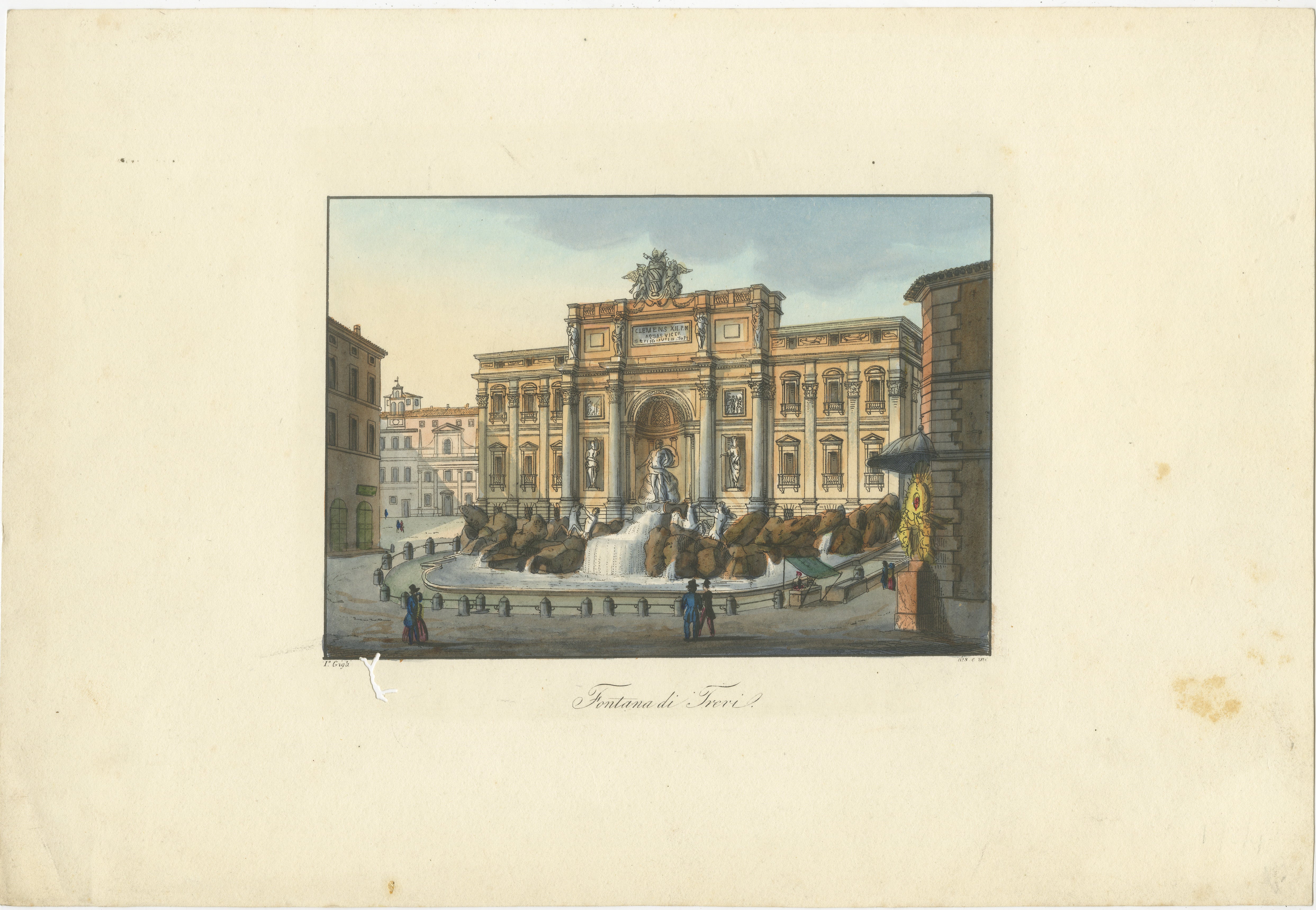 Trevi-Brunnen Rom - Antike handkolorierte italienische Ansicht von Gigli (um 1850) (Italienisch) im Angebot