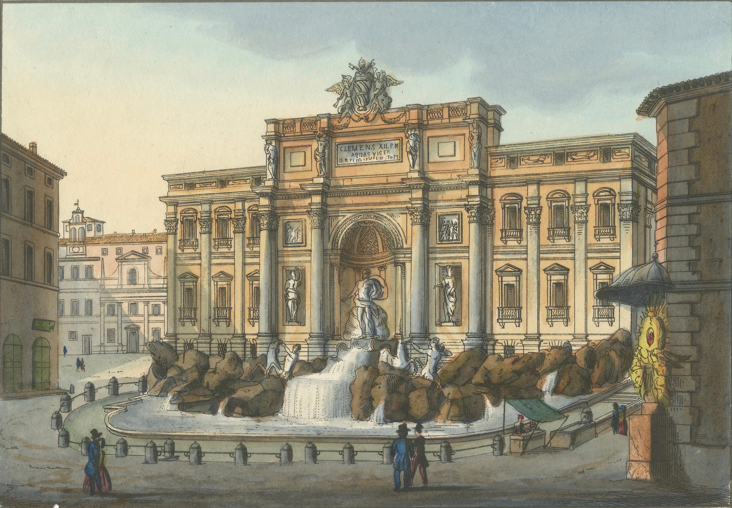 Trevi-Brunnen Rom - Antike handkolorierte italienische Ansicht von Gigli (um 1850) im Zustand „Relativ gut“ im Angebot in Langweer, NL