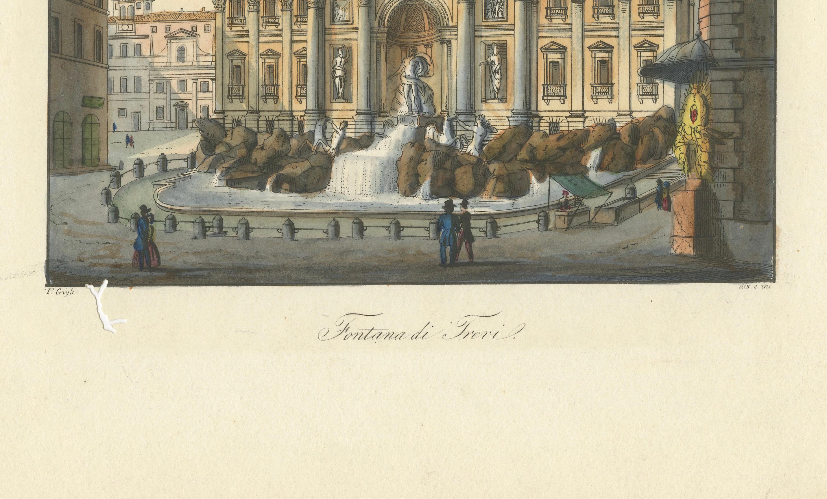 Trevi-Brunnen Rom - Antike handkolorierte italienische Ansicht von Gigli (um 1850) (19. Jahrhundert) im Angebot