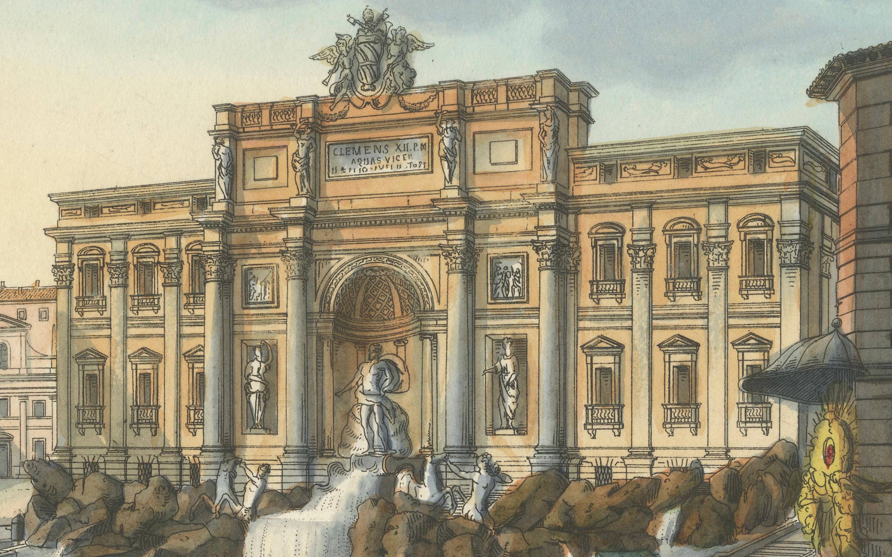 Trevi-Brunnen Rom - Antike handkolorierte italienische Ansicht von Gigli (um 1850) (Papier) im Angebot