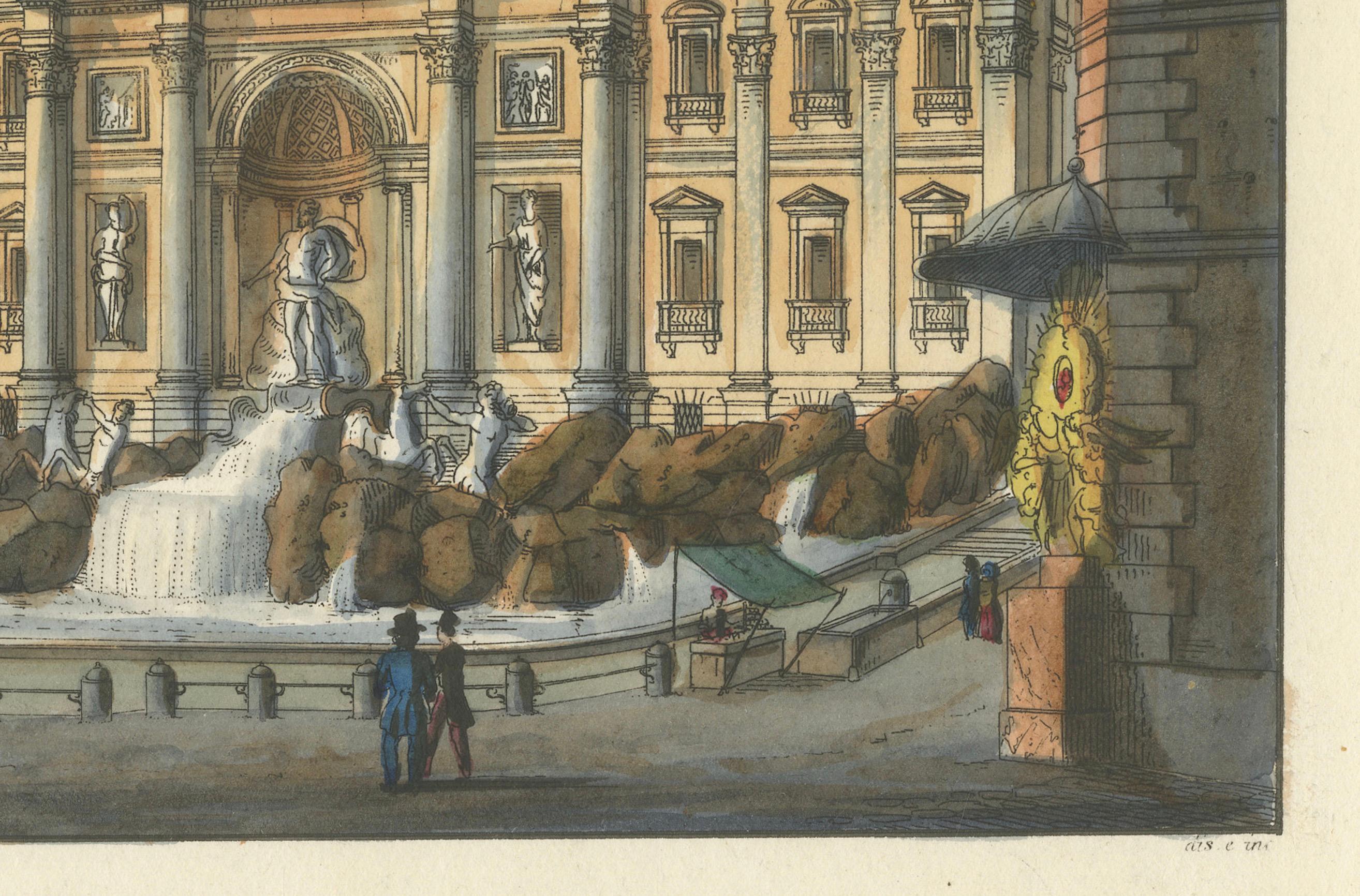 Trevi-Brunnen Rom - Antike handkolorierte italienische Ansicht von Gigli (um 1850) im Angebot 1
