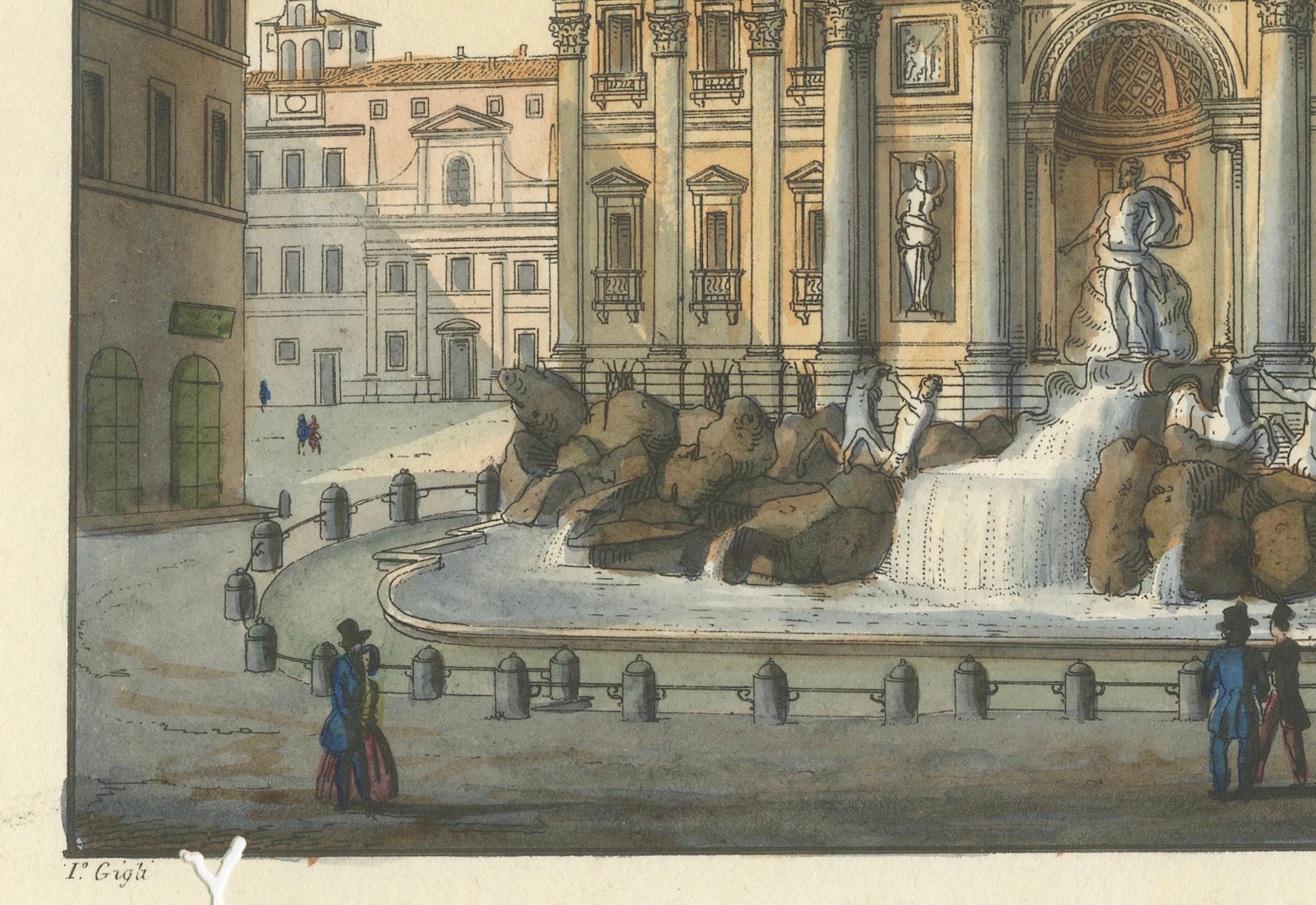 Trevi-Brunnen Rom - Antike handkolorierte italienische Ansicht von Gigli (um 1850) im Angebot 2