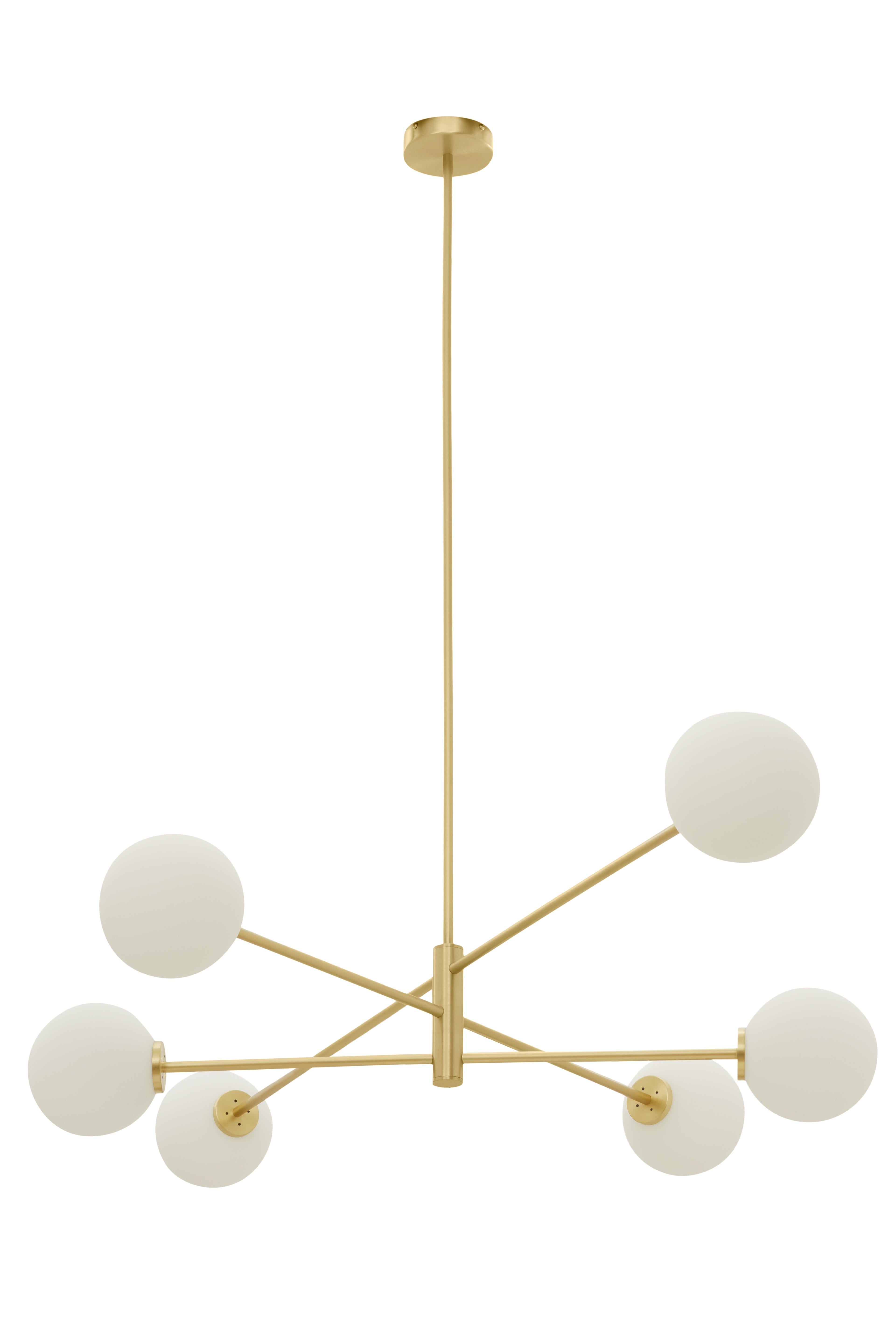Trevi Six Pendant by CTO Lighting
Materials: satin brass with matt opal glass shades
Also available in dark bronze with matt opal glass shades

Dimensions: H 25 x W 154 cm 

All our lamps can be wired according to each country. If sold to the