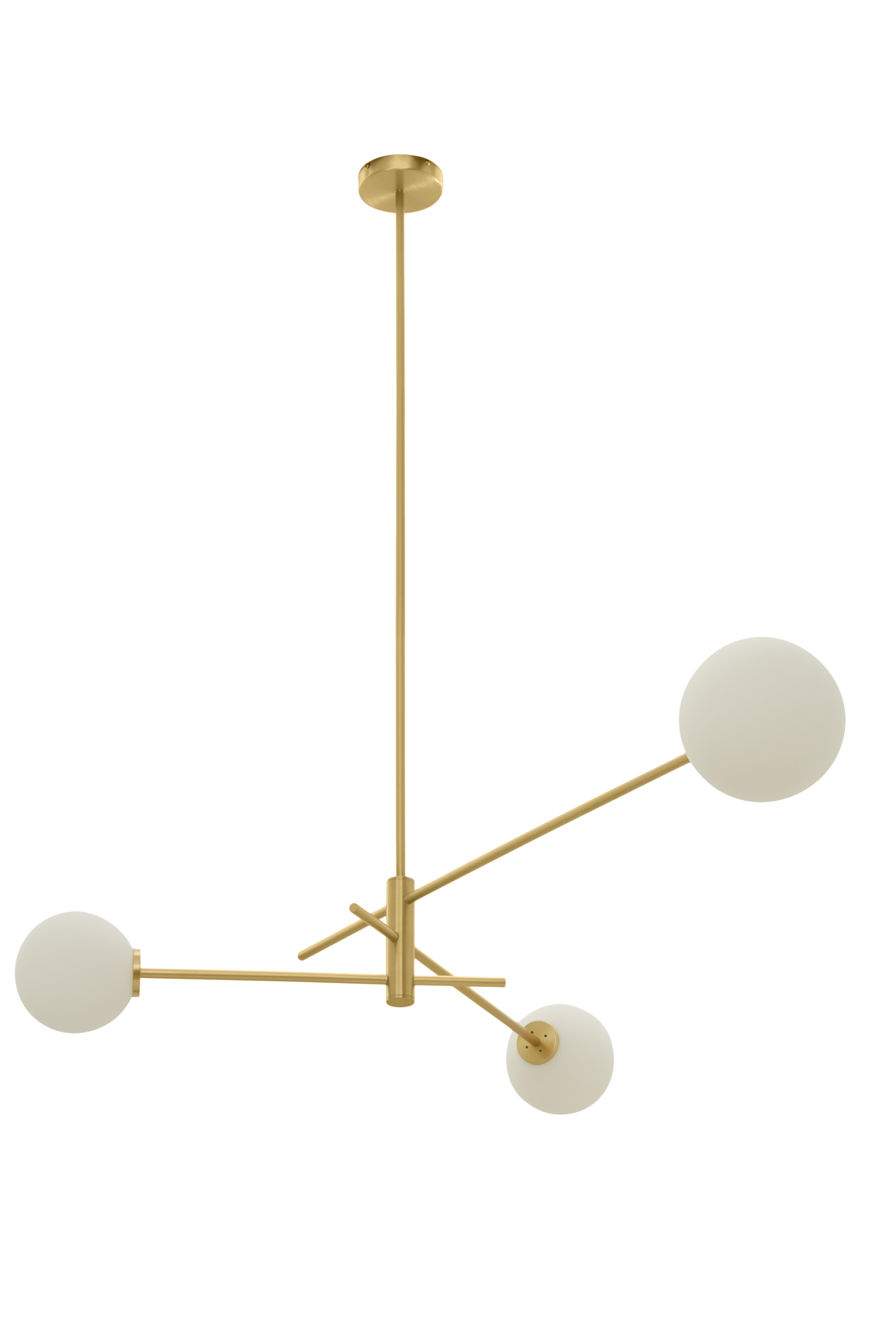 Trevi three pendant by CTO Lighting
Materials: satin brass with matt opal glass shades
Also available in dark bronze with matt opal glass shades

Dimensions: H 25 x W 110 cm 

All our lamps can be wired according to each country. If sold to