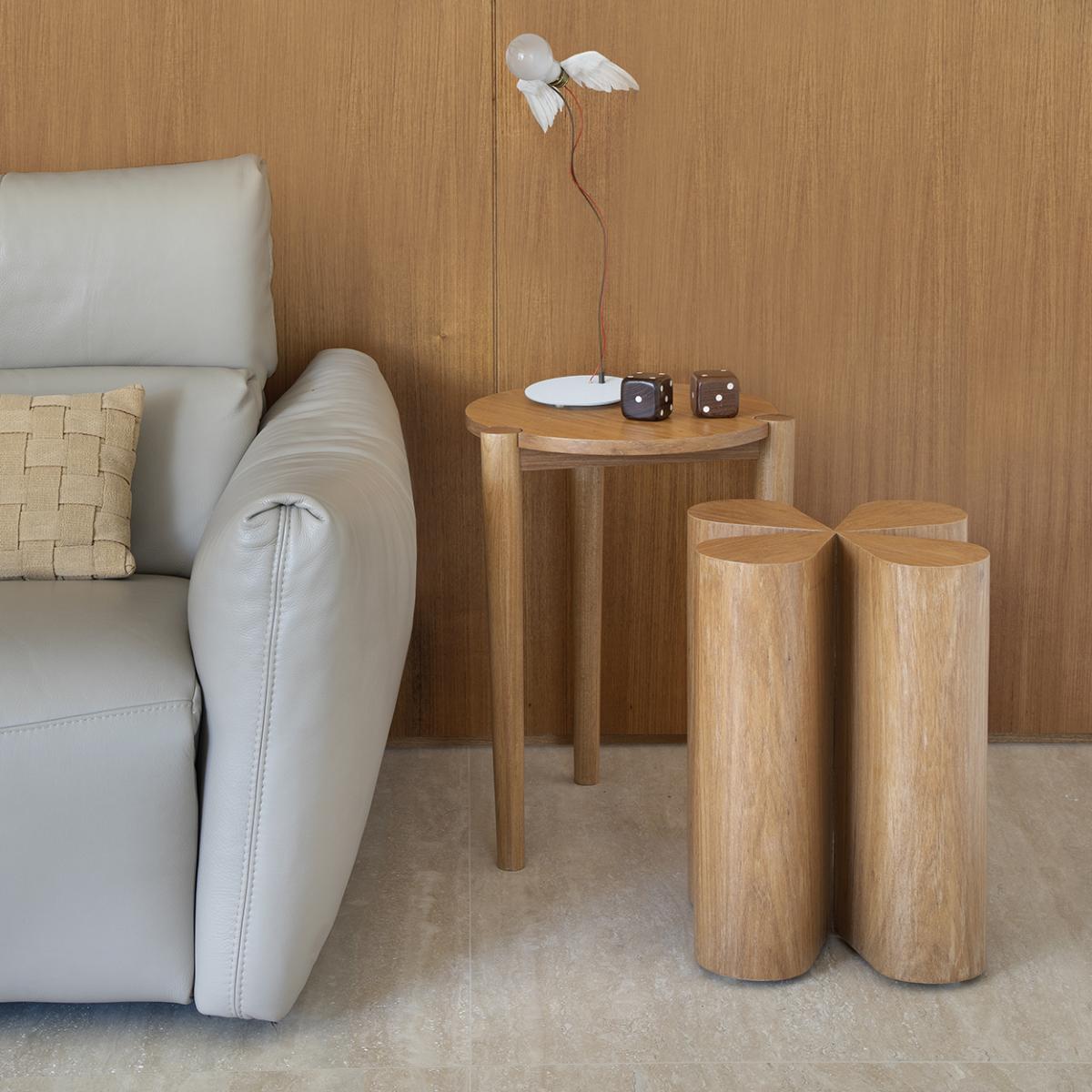 This side table is inspired by the outline of a four-leaf clover, which brings a lot of meanings behind it. They say it is a sign of good luck, good fortune and, in addition, the four-leaf clover can also represent cycles. The four phases of the