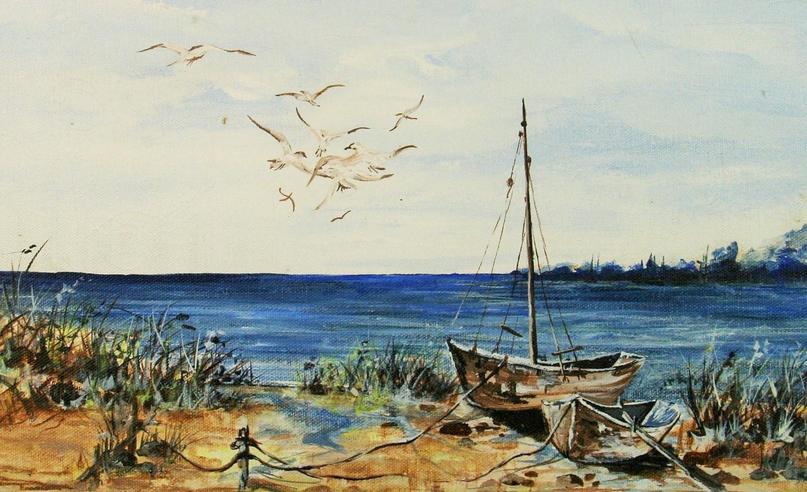 Vintage  Coastal Inlet With Sailboats  Seascape Landscape Oil Painting  1970 For Sale 3