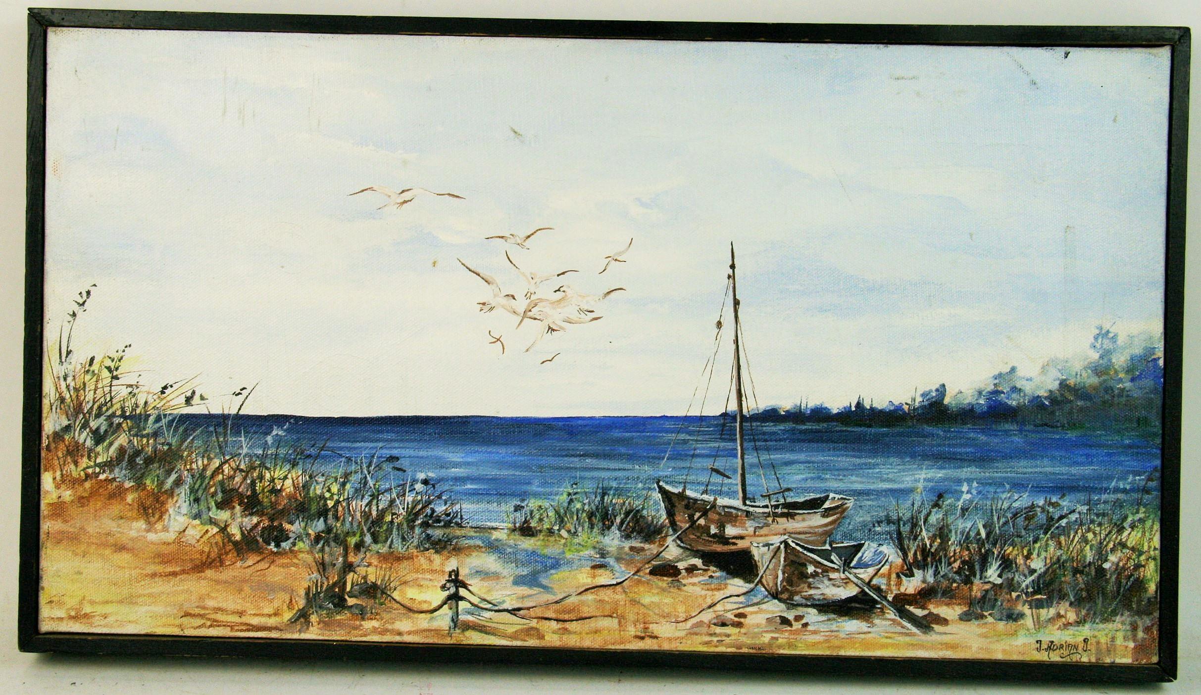 Trevor Adrian Thomas Landscape Painting - Vintage  Coastal Inlet With Sailboats  Seascape Landscape Oil Painting  1970