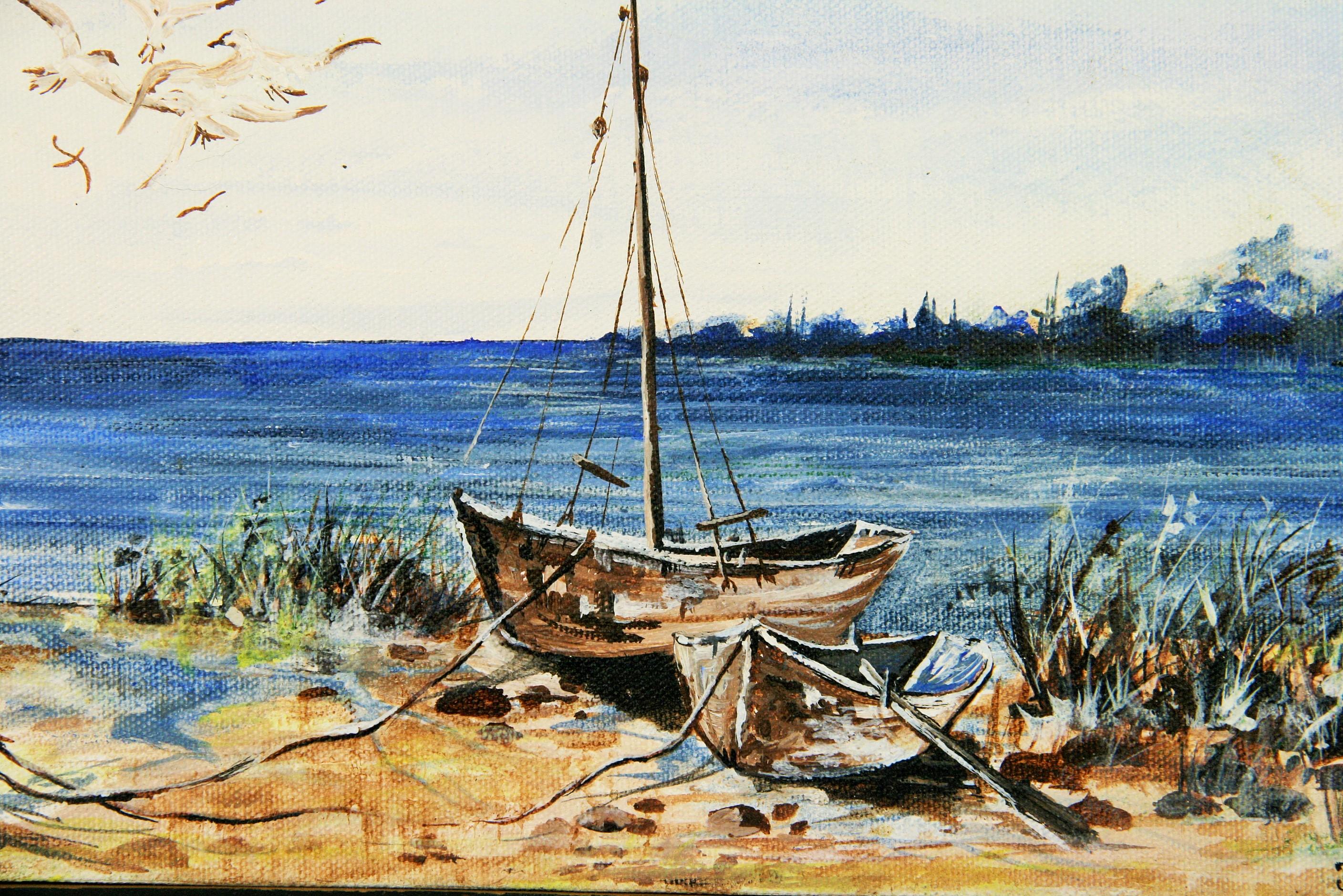 Vintage  Coastal Inlet With Sailboats  Seascape Landscape Oil Painting  1970 - Gray Landscape Painting by Trevor Adrian Thomas