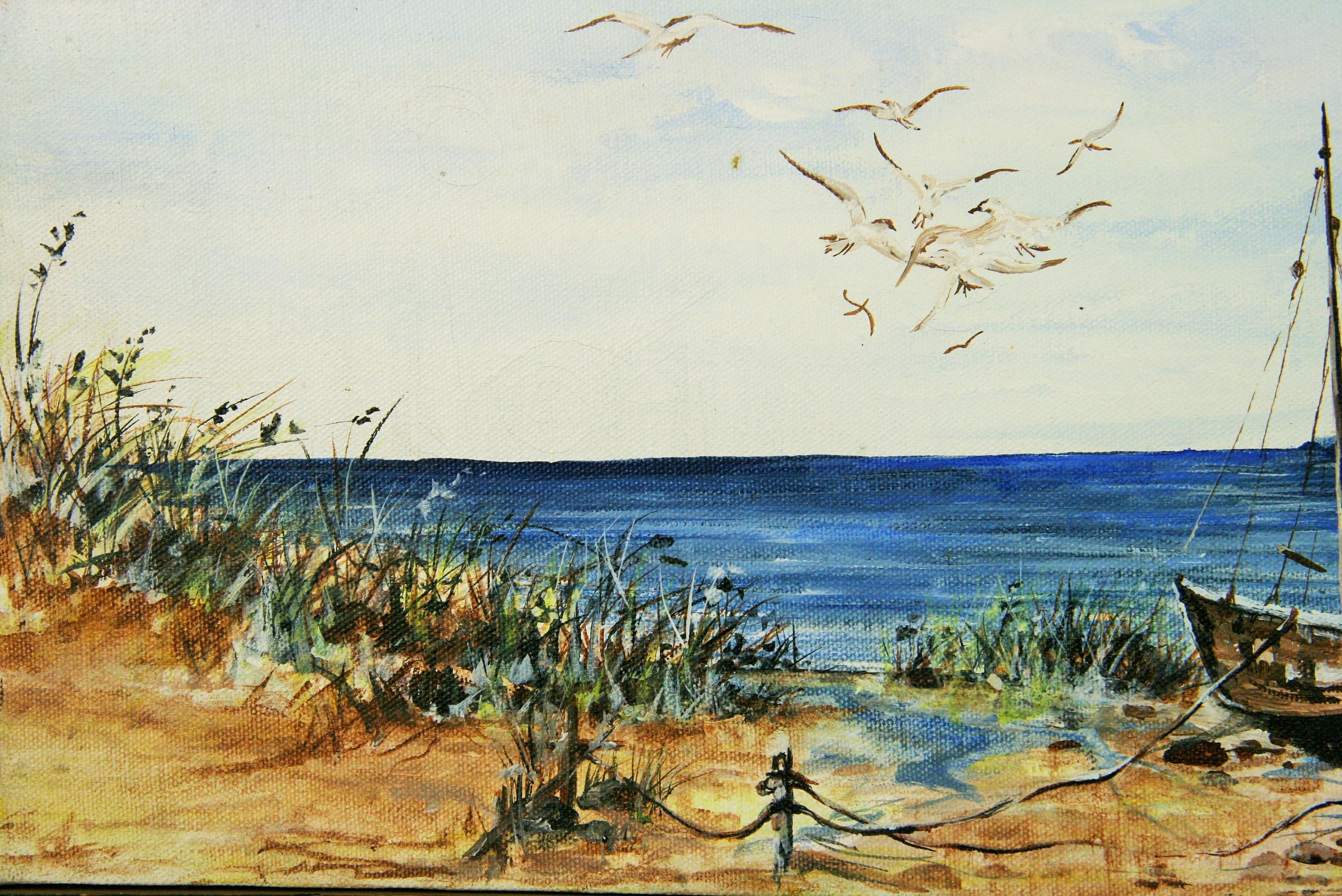 Vintage  Coastal Inlet With Sailboats  Seascape Landscape Oil Painting  1970 For Sale 1