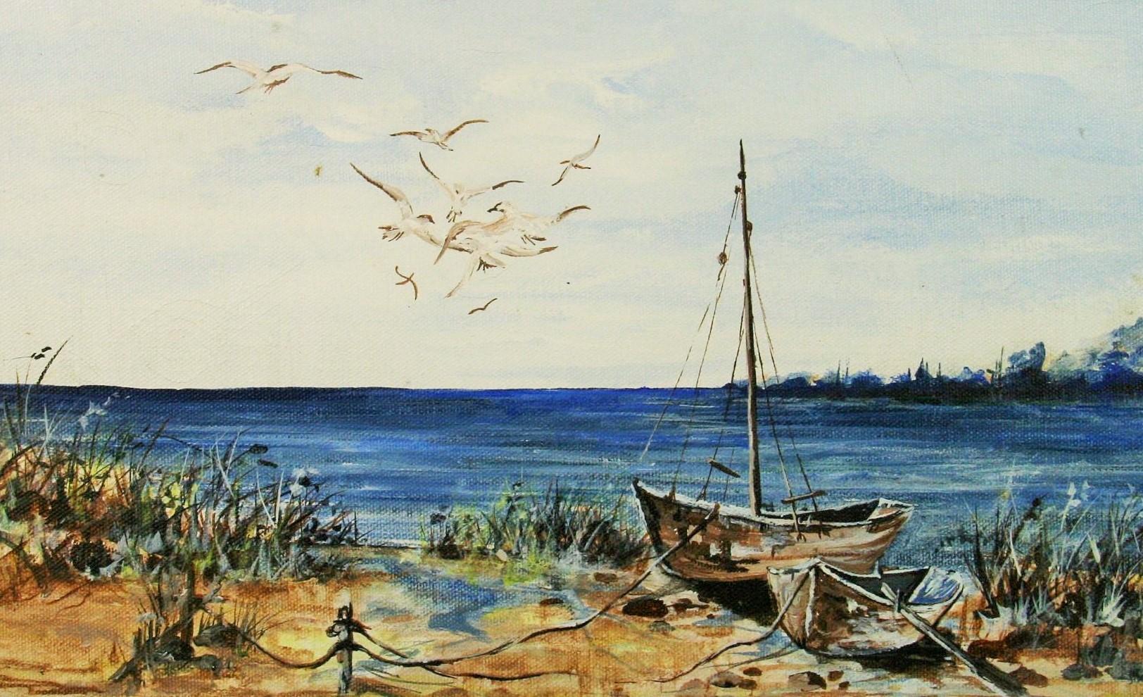 Vintage  Coastal Inlet With Sailboats  Seascape Landscape Oil Painting  1970 For Sale 2