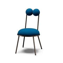 Trevor Dining Chair Modern, Sculptural, Bronze Frame and Blue bouclé, in Stock