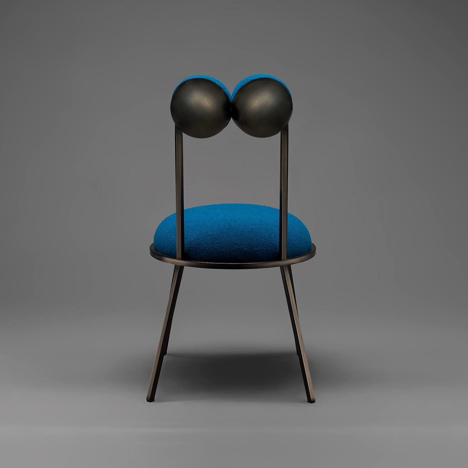 Powder-Coated Trevor Chair Bronze Color Frame in Blue bouclé Wool by Lara Bohinc in Stock For Sale