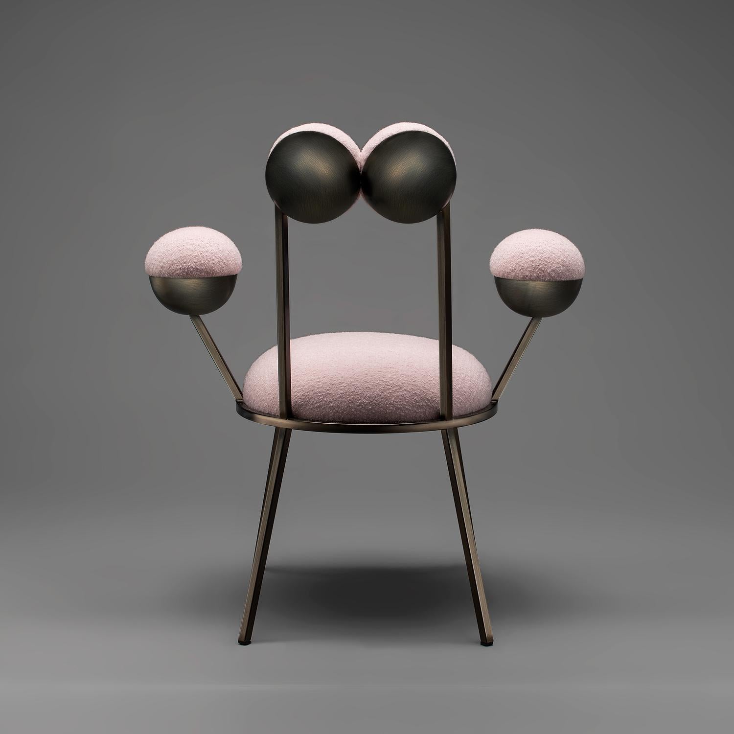 Portuguese Trevor Chair with Armrests Bronze Colour Frame Pink Bouclé Fabric by Lara Bohinc For Sale