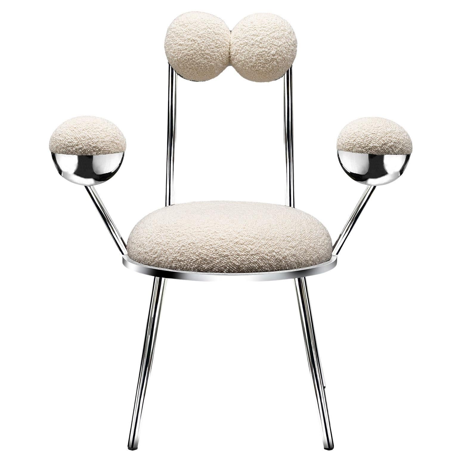 Trevor Chair with Armrests Chrome Finish Steel Frame in Bouclé by Lara Bohinc