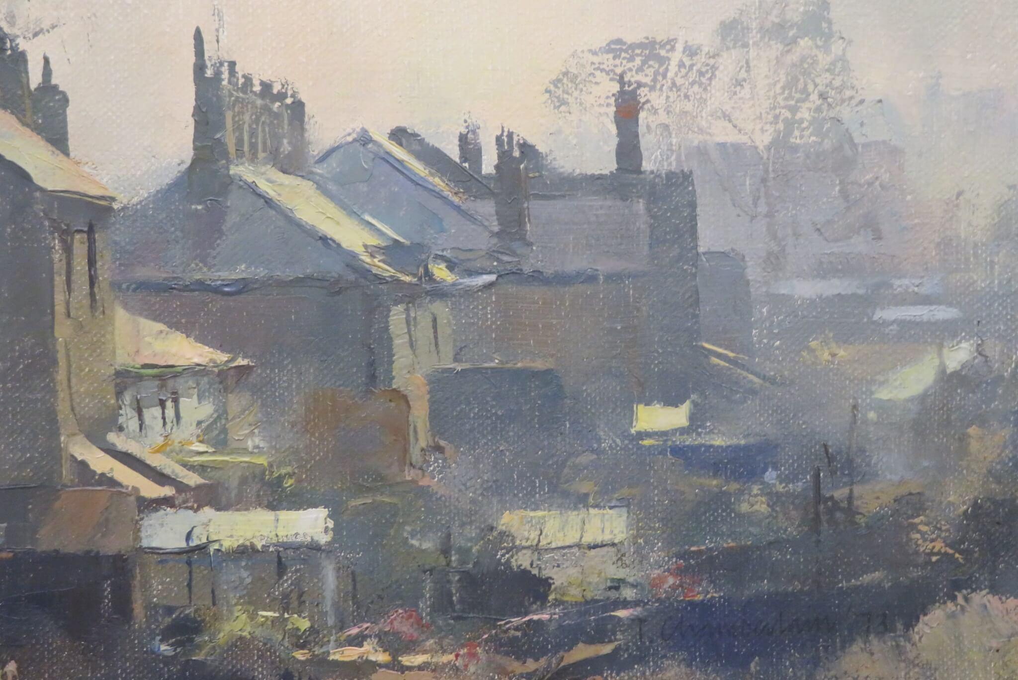 ORIGINAL ENGLISH STREET SCENE 1970's oil painting by TREVOR CHAMBERLAIN ROI - Post-Impressionist Painting by Trevor Chamberlain