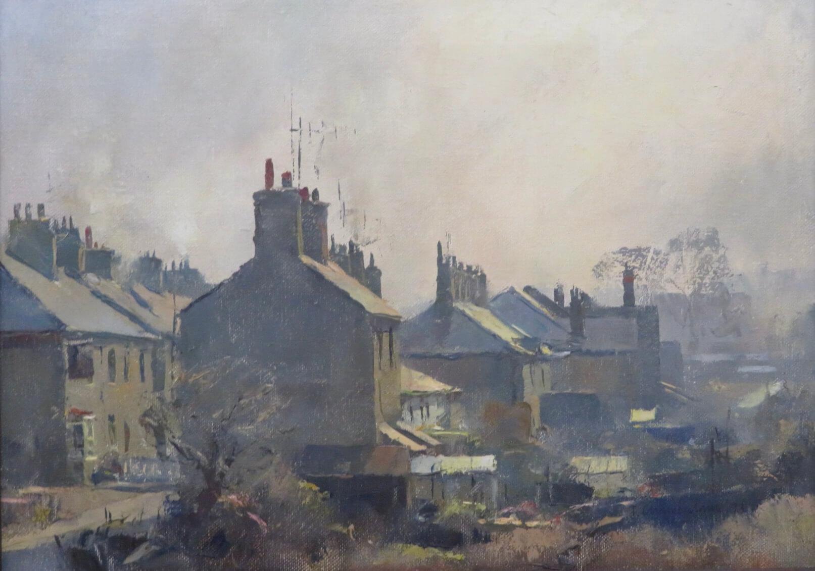 ORIGINAL ENGLISH STREET SCENE 1970's oil painting by TREVOR CHAMBERLAIN ROI For Sale 1