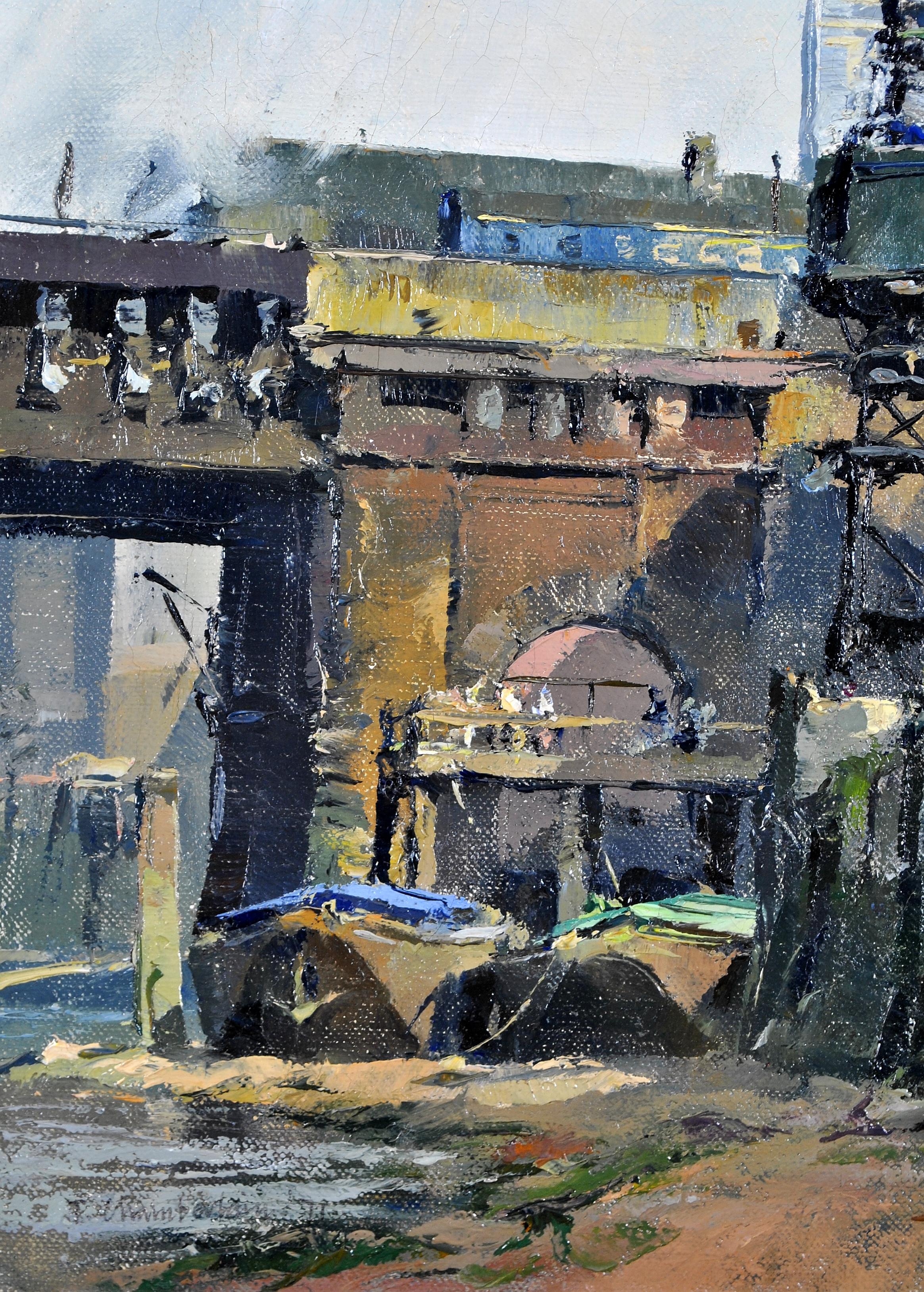 A fine oil on canvas by Trevor Chamberlain depicting the view under Cannon Street Bridge from the Thames river. The artist would have stood on the muddy banks of the river with his easel to execute this excellent quality work with a beautiful