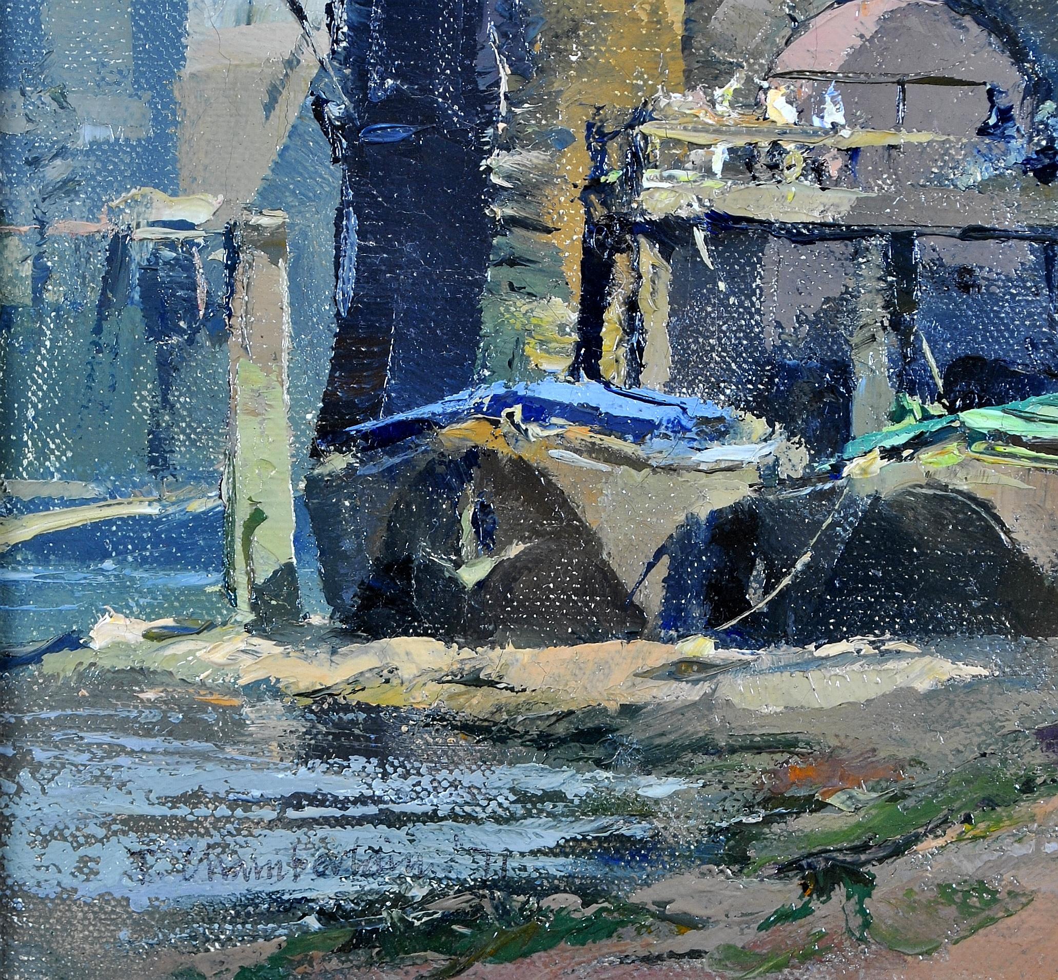 Under Cannon Street Bridge - London Thames River Side Oil on Canvas Painting For Sale 1